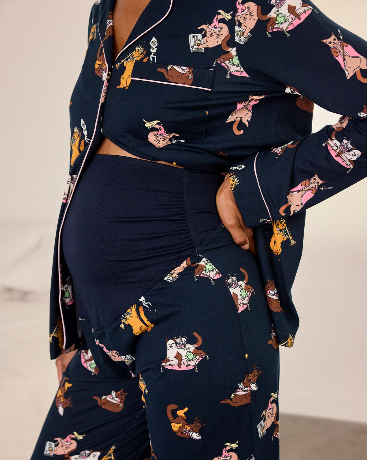 Maternity Princess Cats Print Long Pyjama Set - Navy