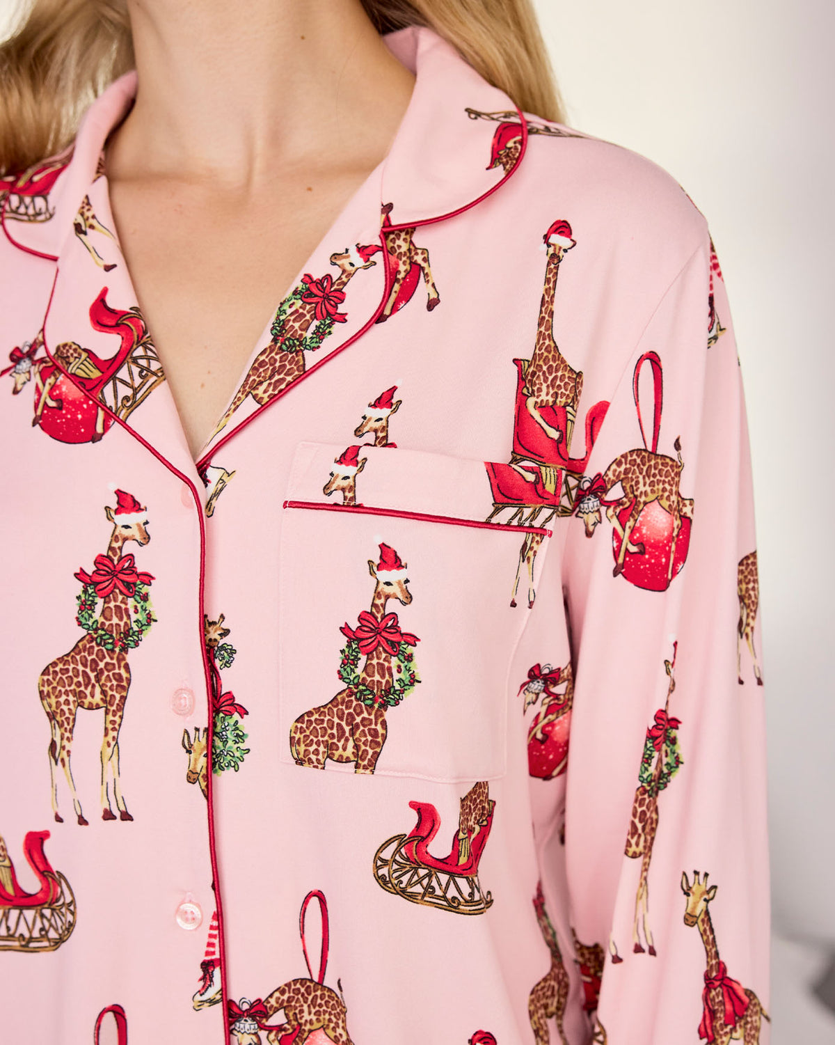 Christmas Giraffe Print Long Pyjama Set - Pink
