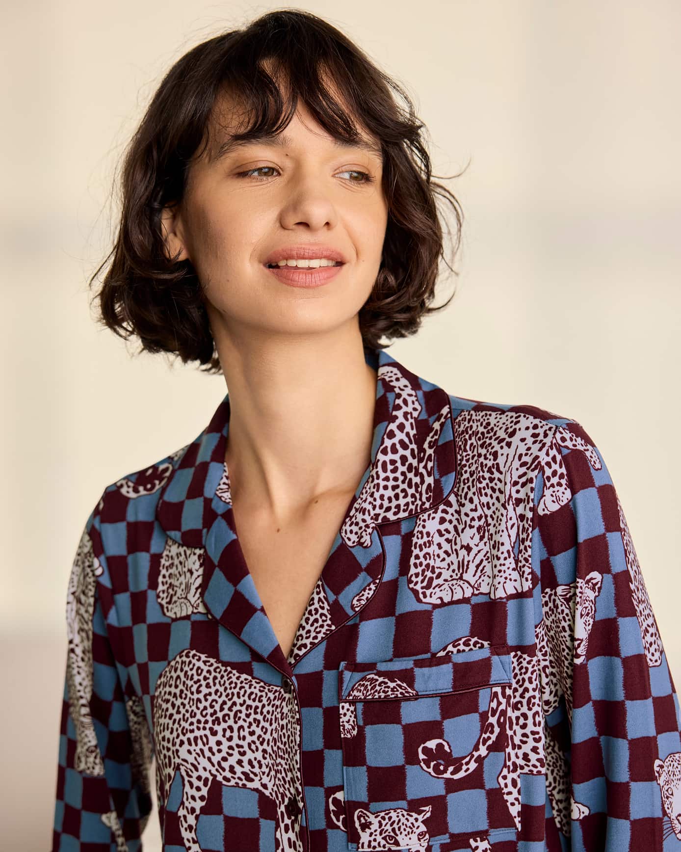 Midnight Checkerboard Leopard Print Long Pyjama Set