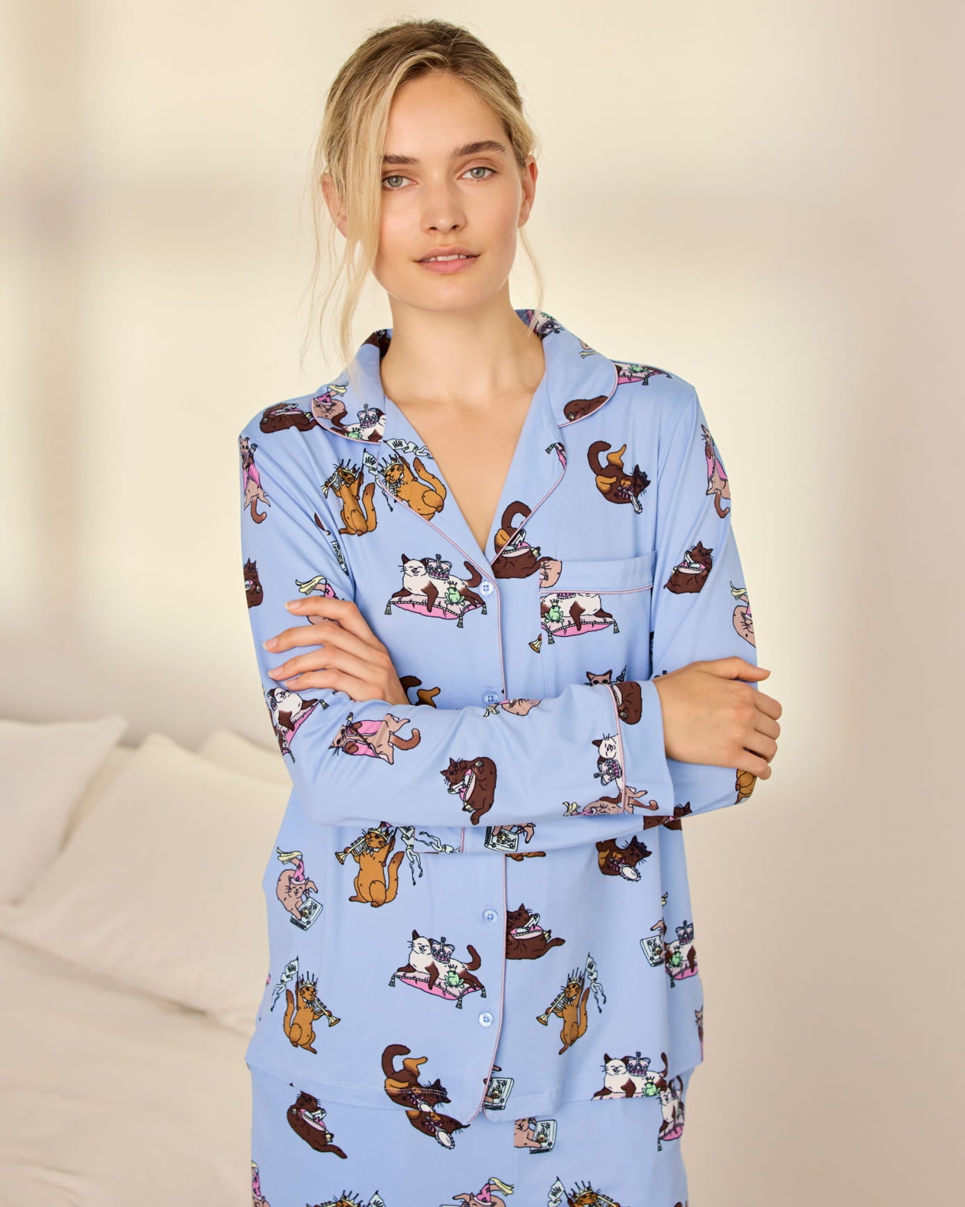 Tall Princess Cats Print Long Pyjama Set - Blue