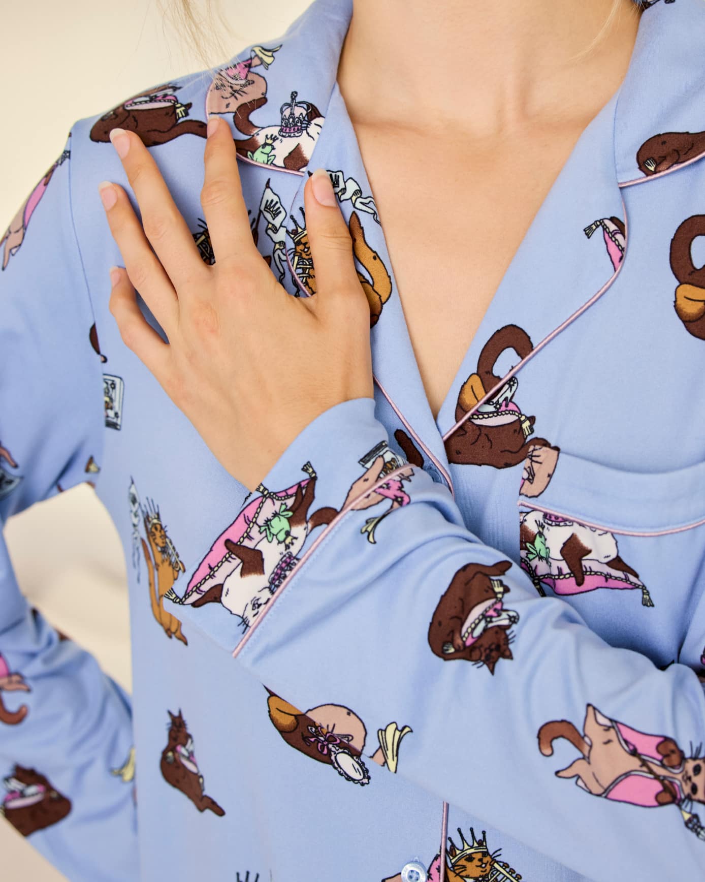 Tall Princess Cats Print Long Pyjama Set - Blue