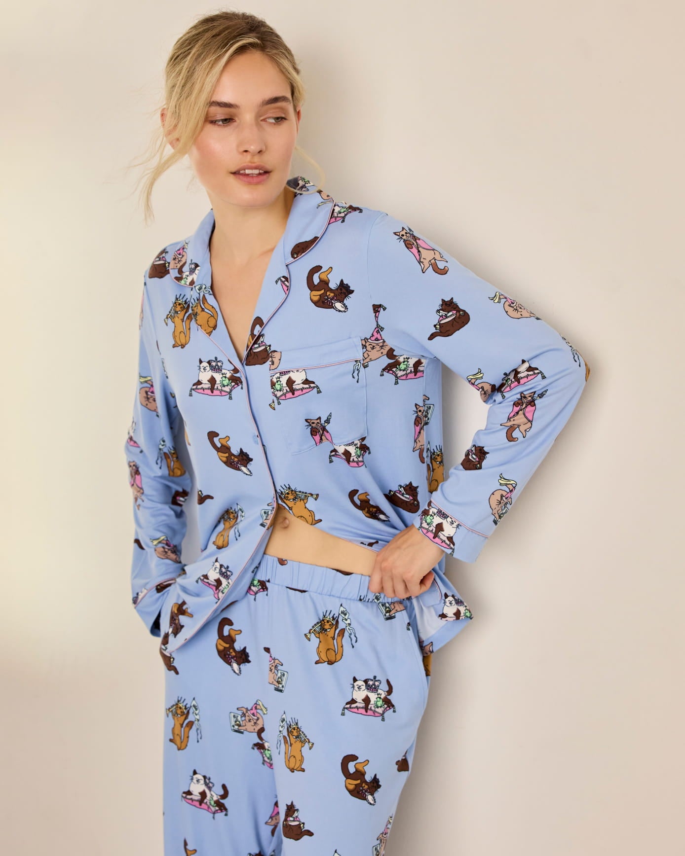 Petite Princess Cats Print Long Pyjama Set - Blue