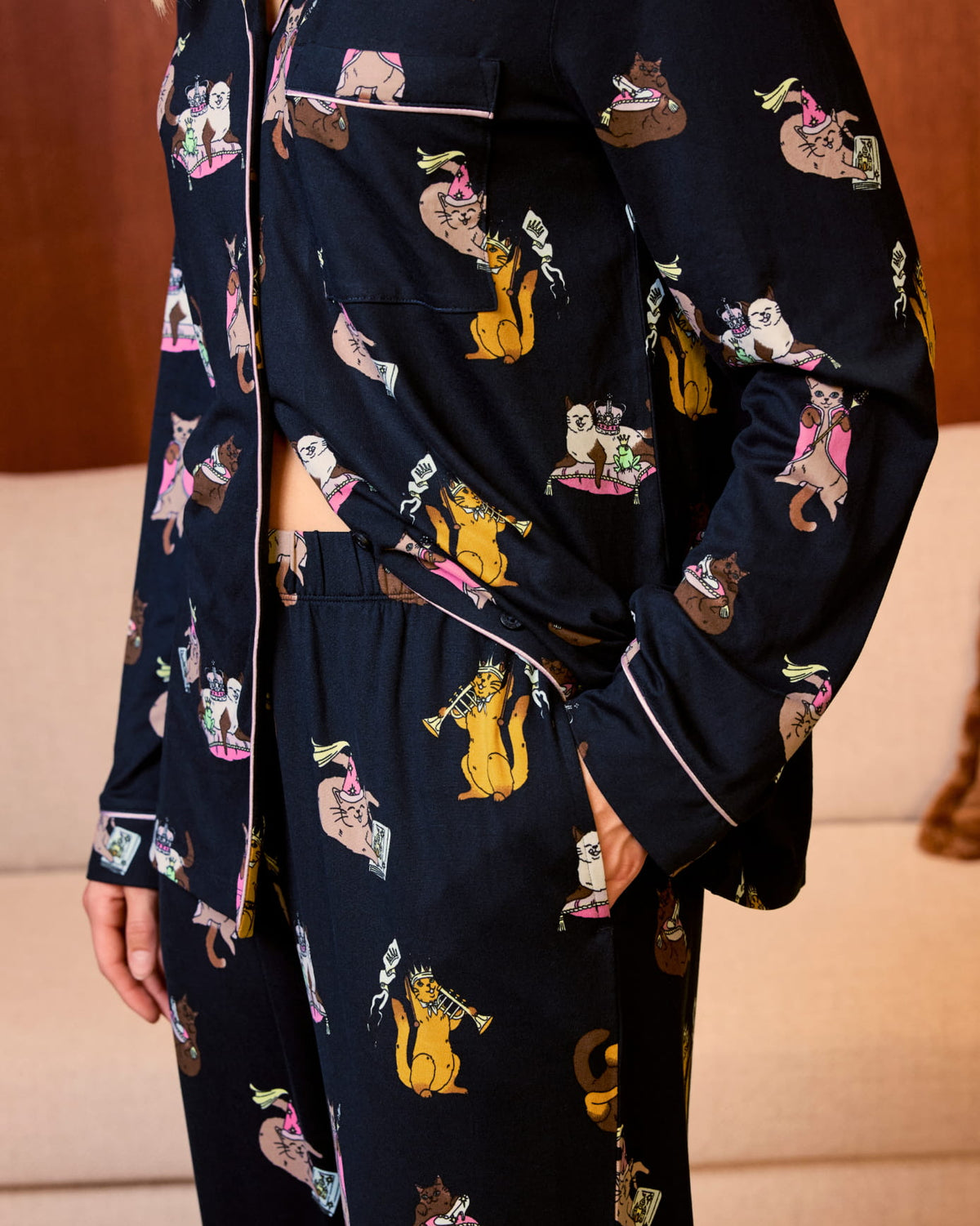 Princess Cats Print Long Pyjama Set - Navy