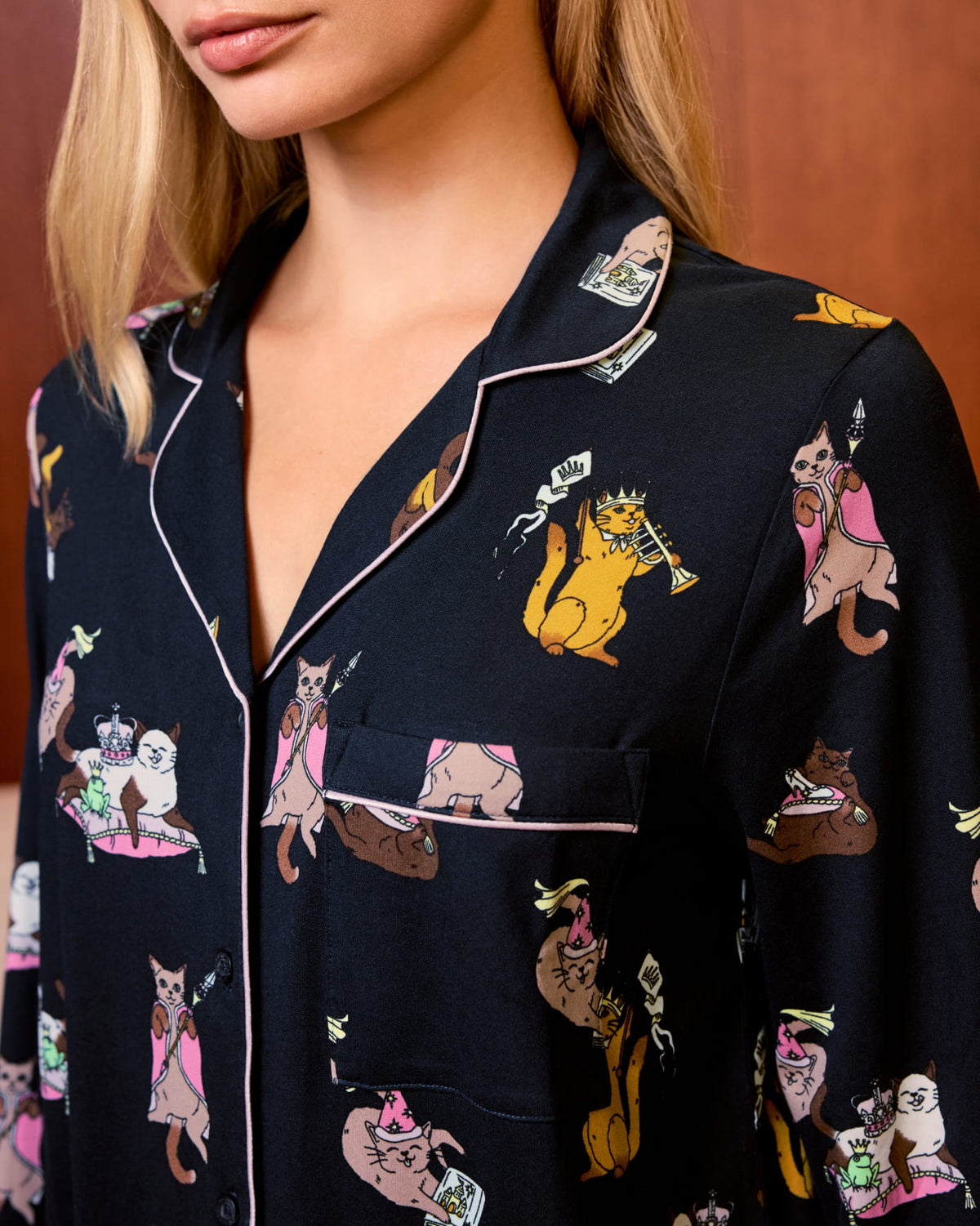 Princess Cats Print Long Pyjama Set - Navy