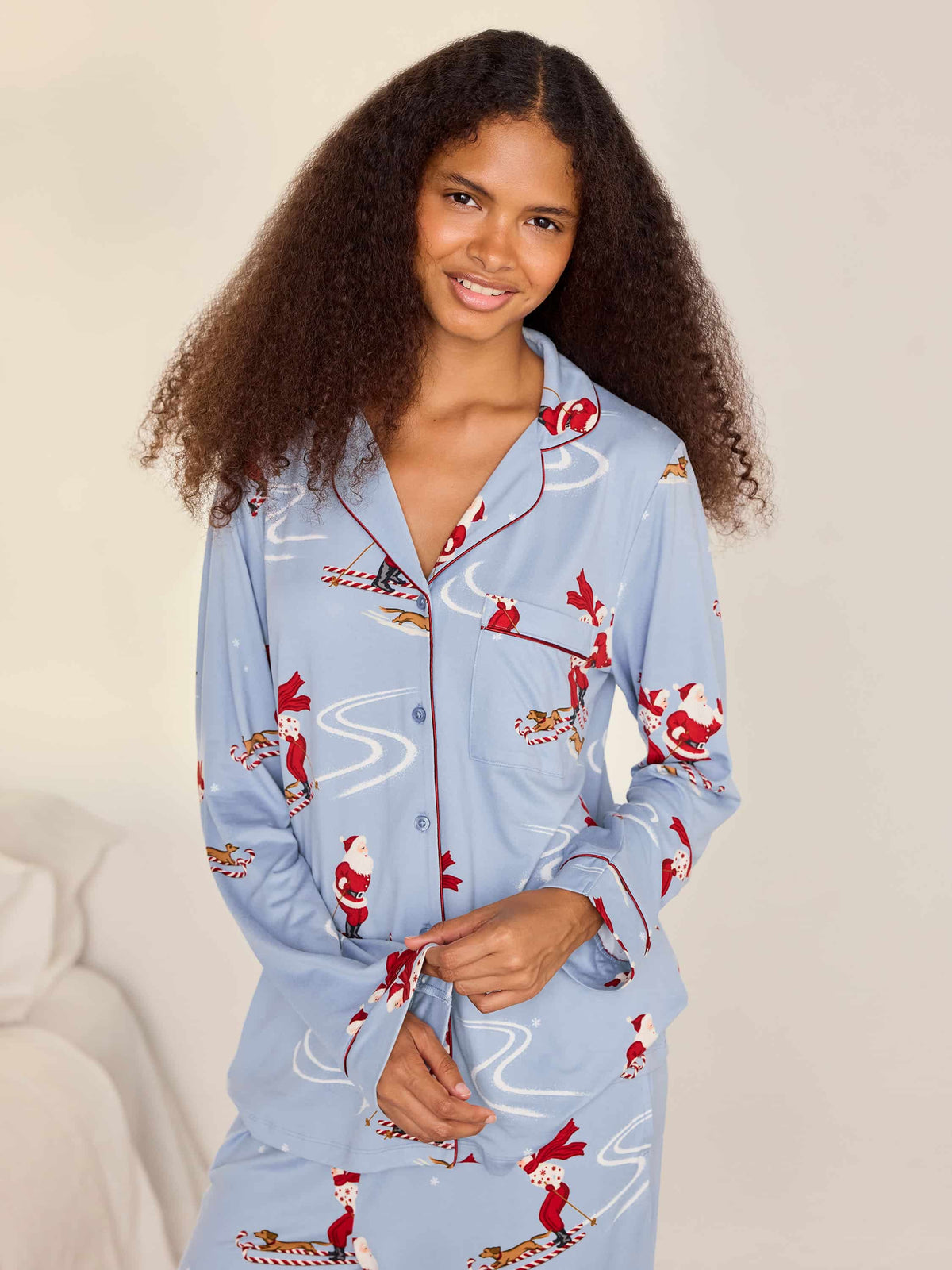 Skiing Santa Print Button Up Long Pyjama Set