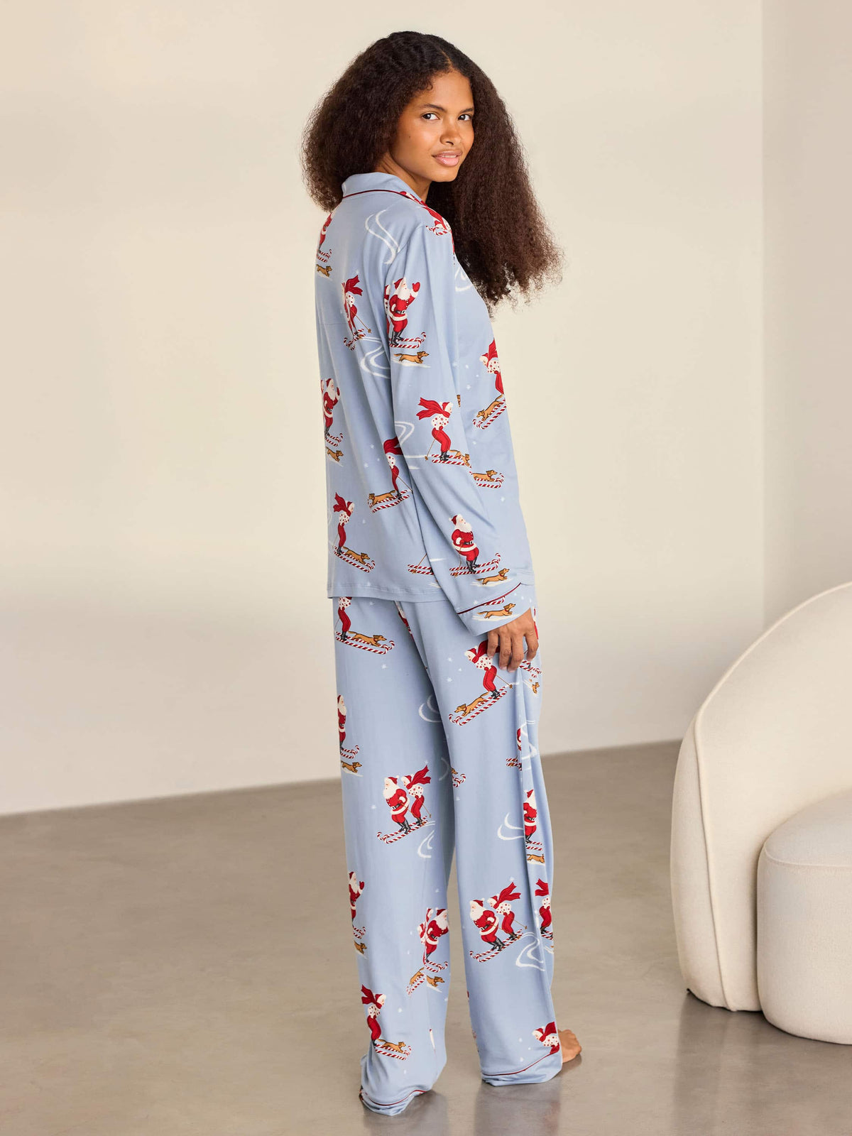 Skiing Santa Print Button Up Long Pyjama Set