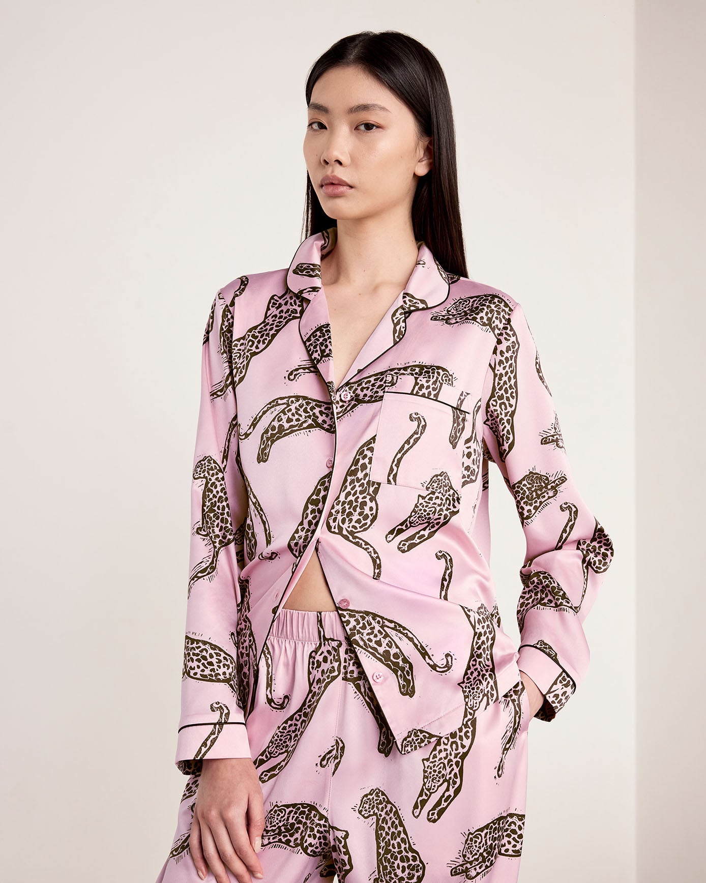 Tall Satin Lino Cut Leopard Print Long Pyjama Set - Pink