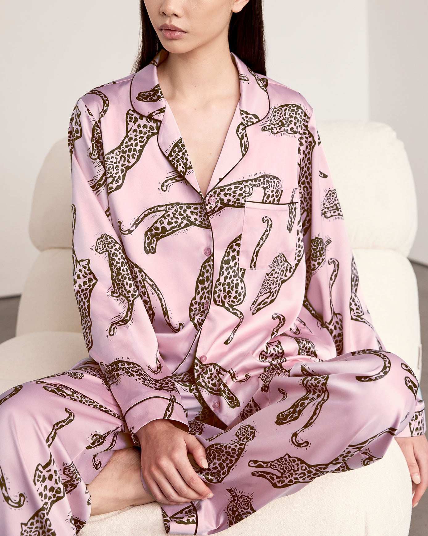 Satin Lino Cut Leopard Print Long Pyjama Set - Pink