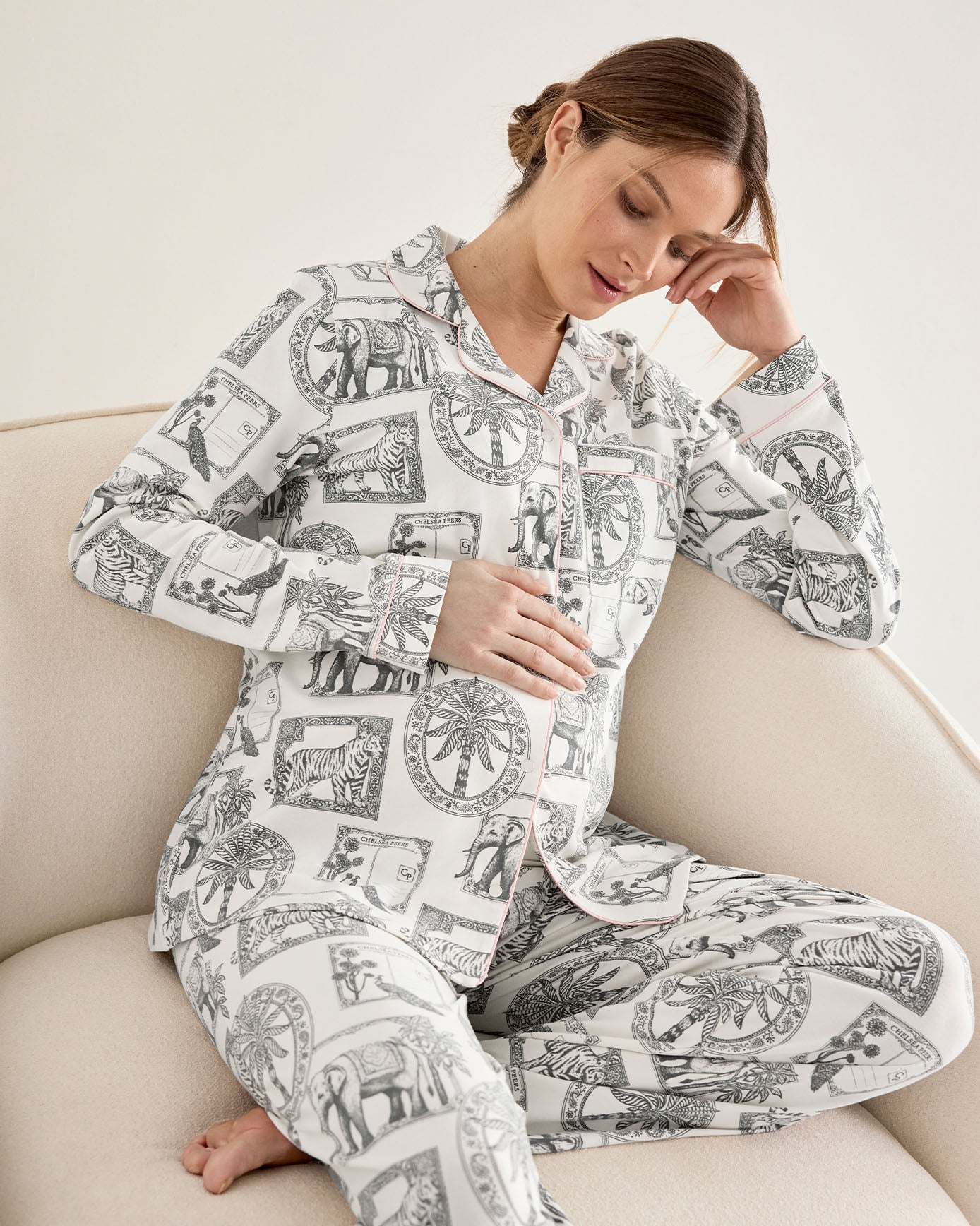 Maternity Organic Cotton Safari Stamp Print Long Pyjama Set