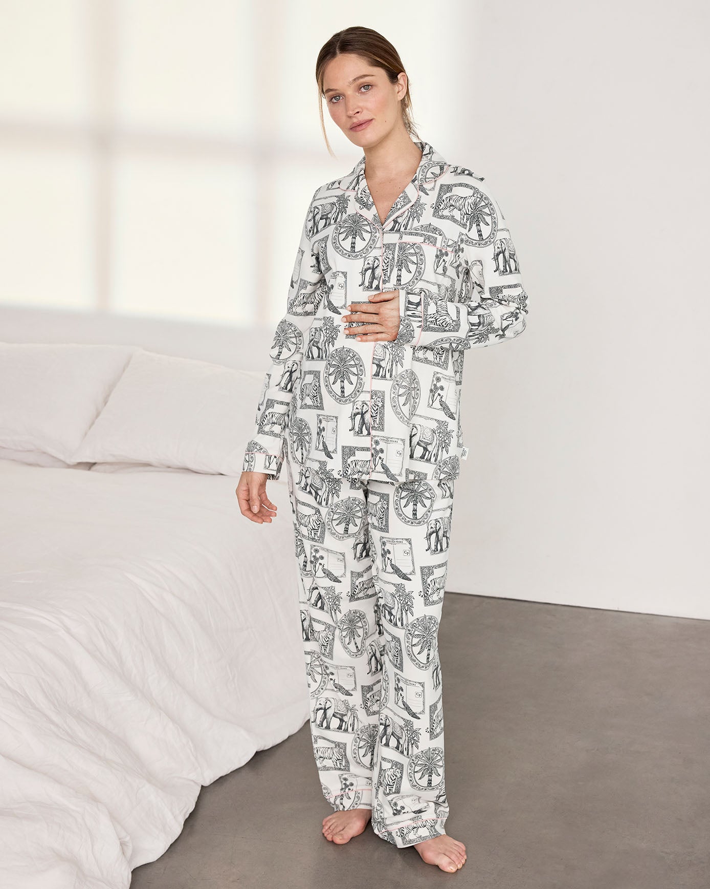 Maternity Organic Cotton Safari Stamp Print Long Pyjama Set