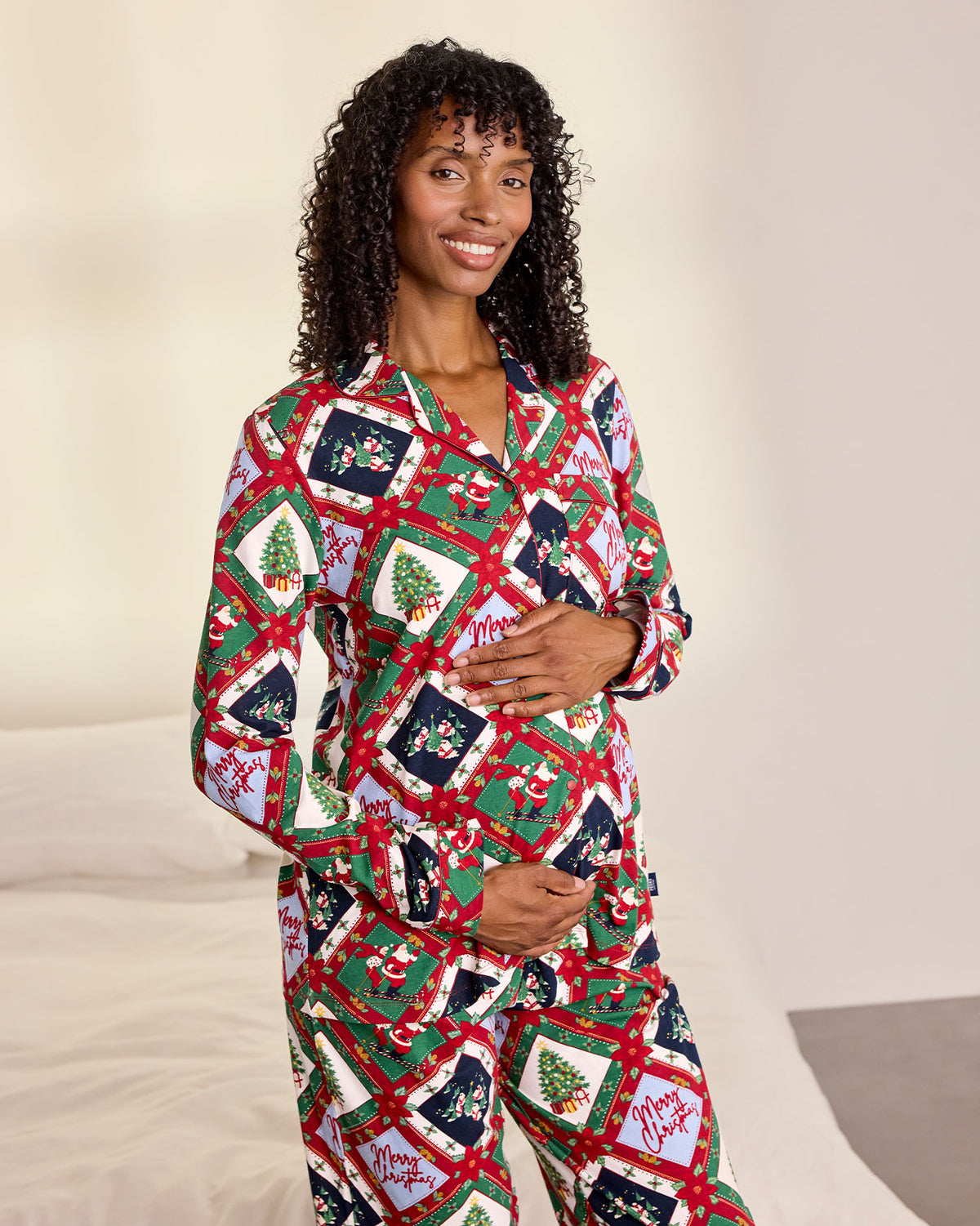 Maternity Organic Cotton Christmas Patchwork Print Button Up Long Pyjama Set