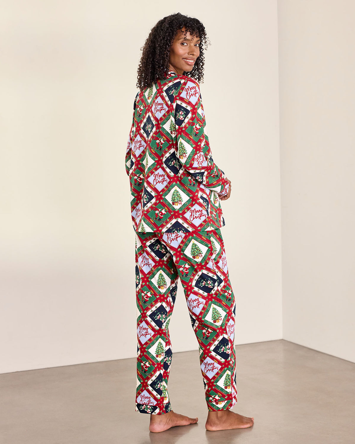 Maternity Organic Cotton Christmas Patchwork Print Button Up Long Pyjama Set