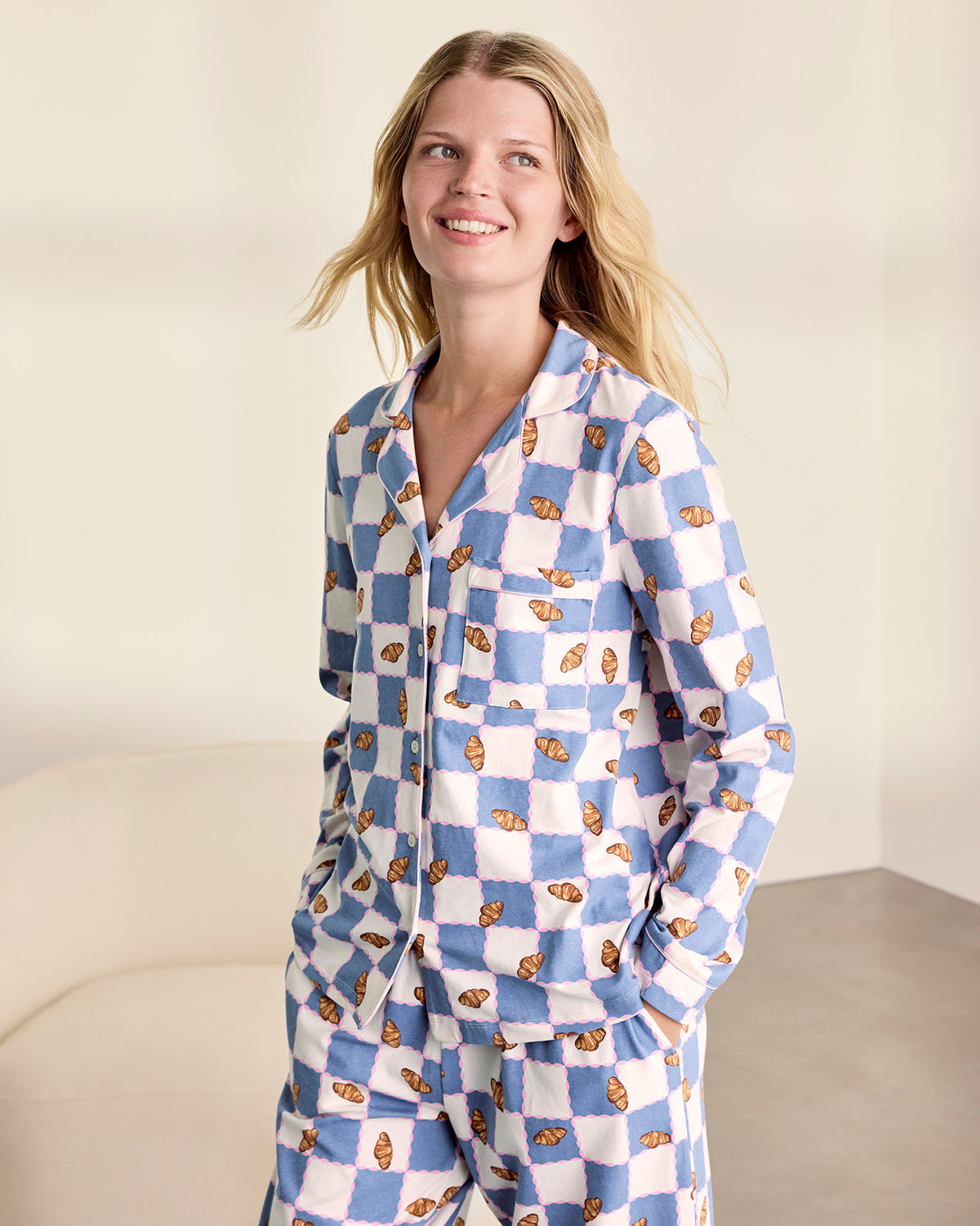 Organic Cotton Checkerboard Croissant Print Long Pyjama Set