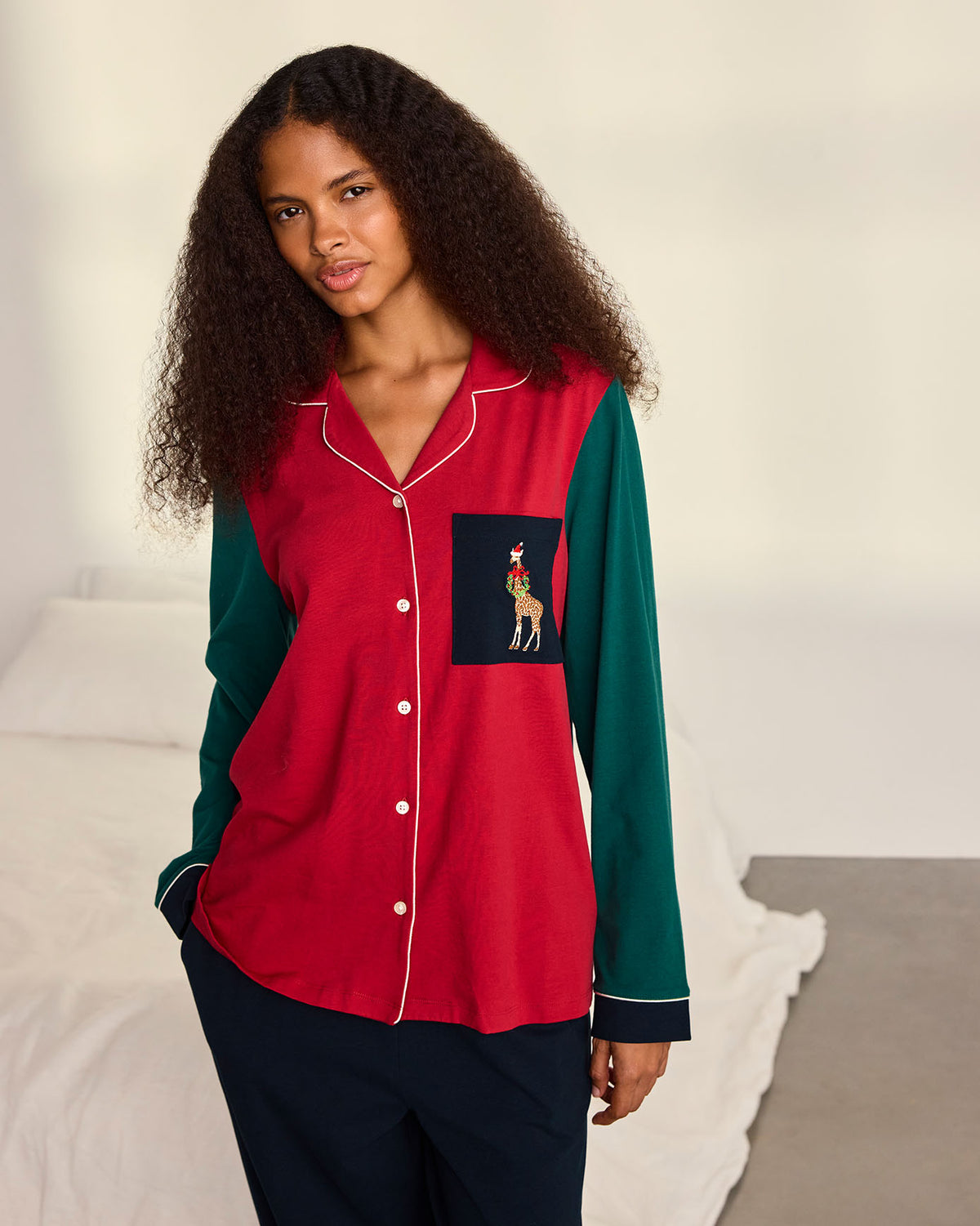 Organic Cotton Embroidered Christmas Giraffe Long Pyjama Set