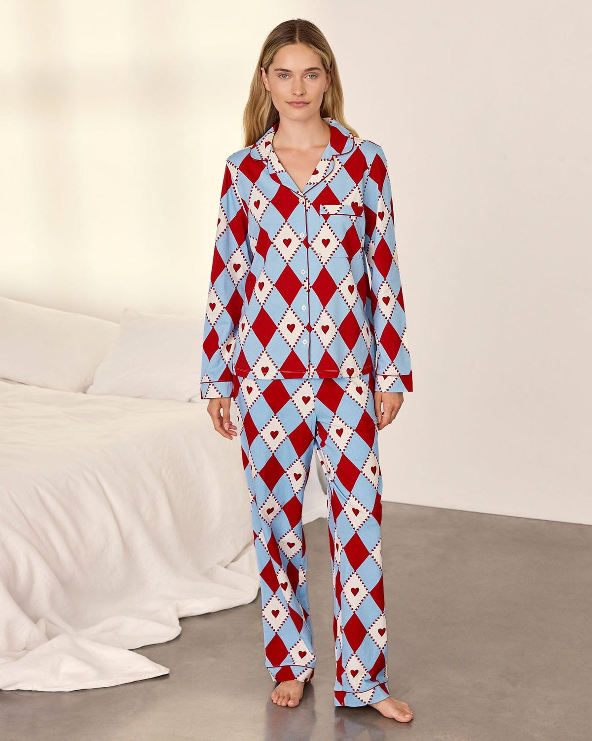 Tall Organic Cotton Harlequin Heart Print Long Pyjama Set