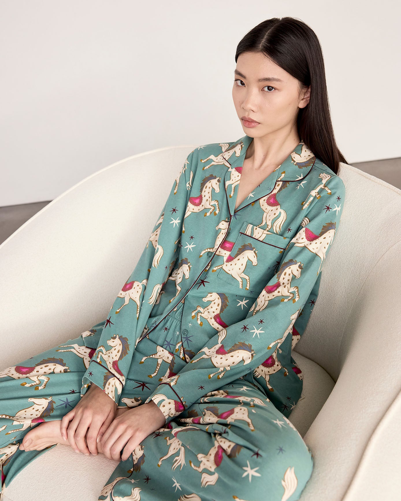 Petite Organic Cotton Carousel Horse Print Long Pyjama Set