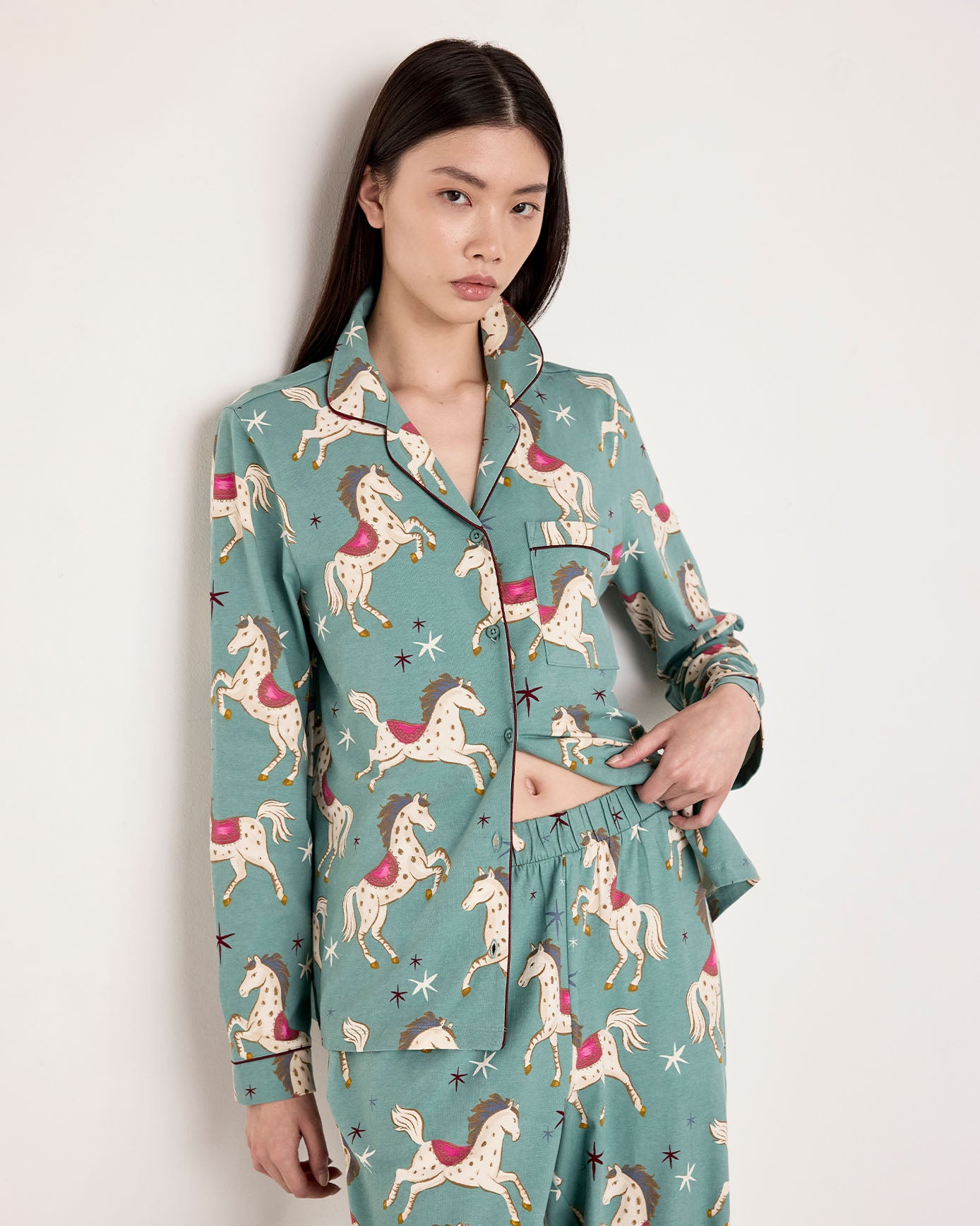 Petite Organic Cotton Carousel Horse Print Long Pyjama Set
