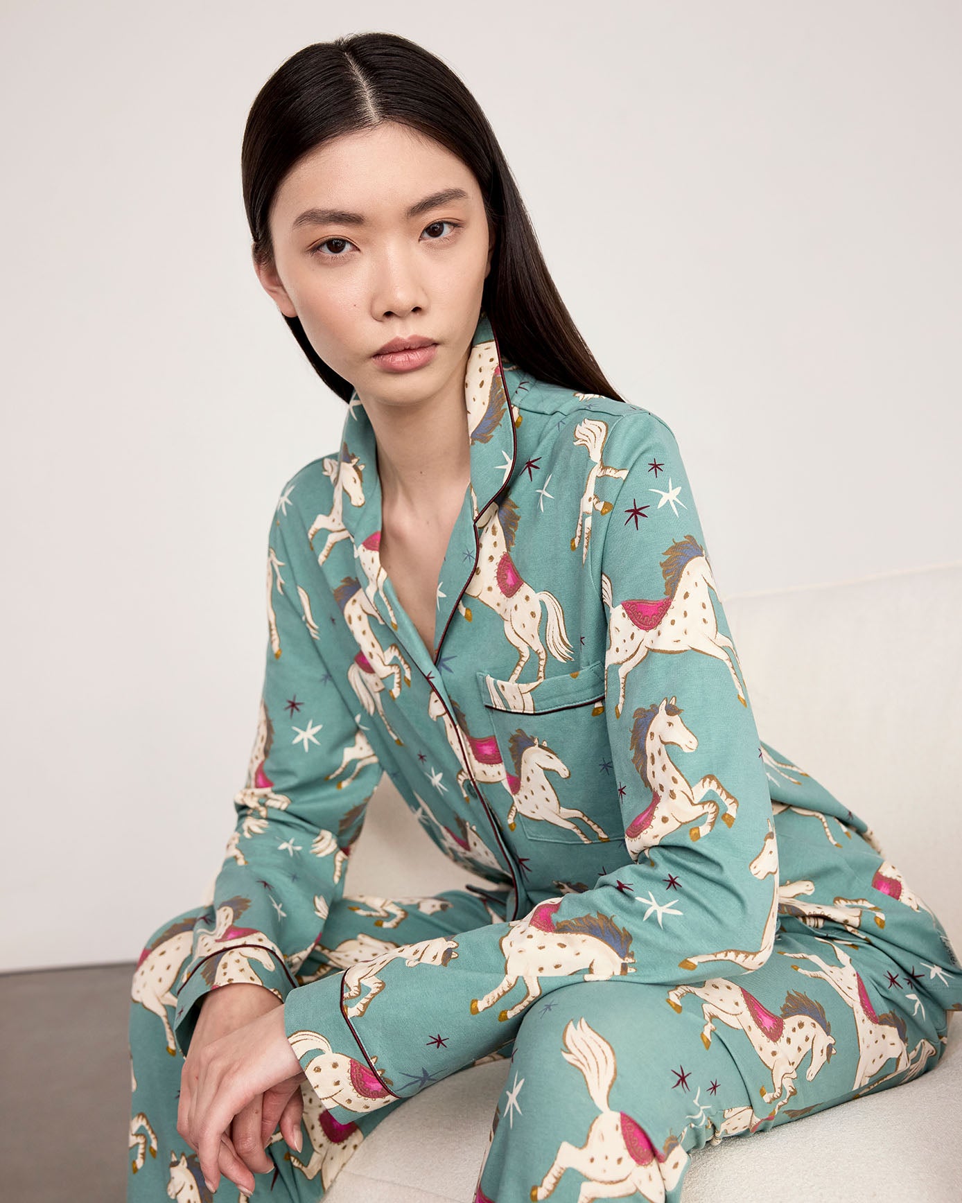 Petite Organic Cotton Carousel Horse Print Long Pyjama Set