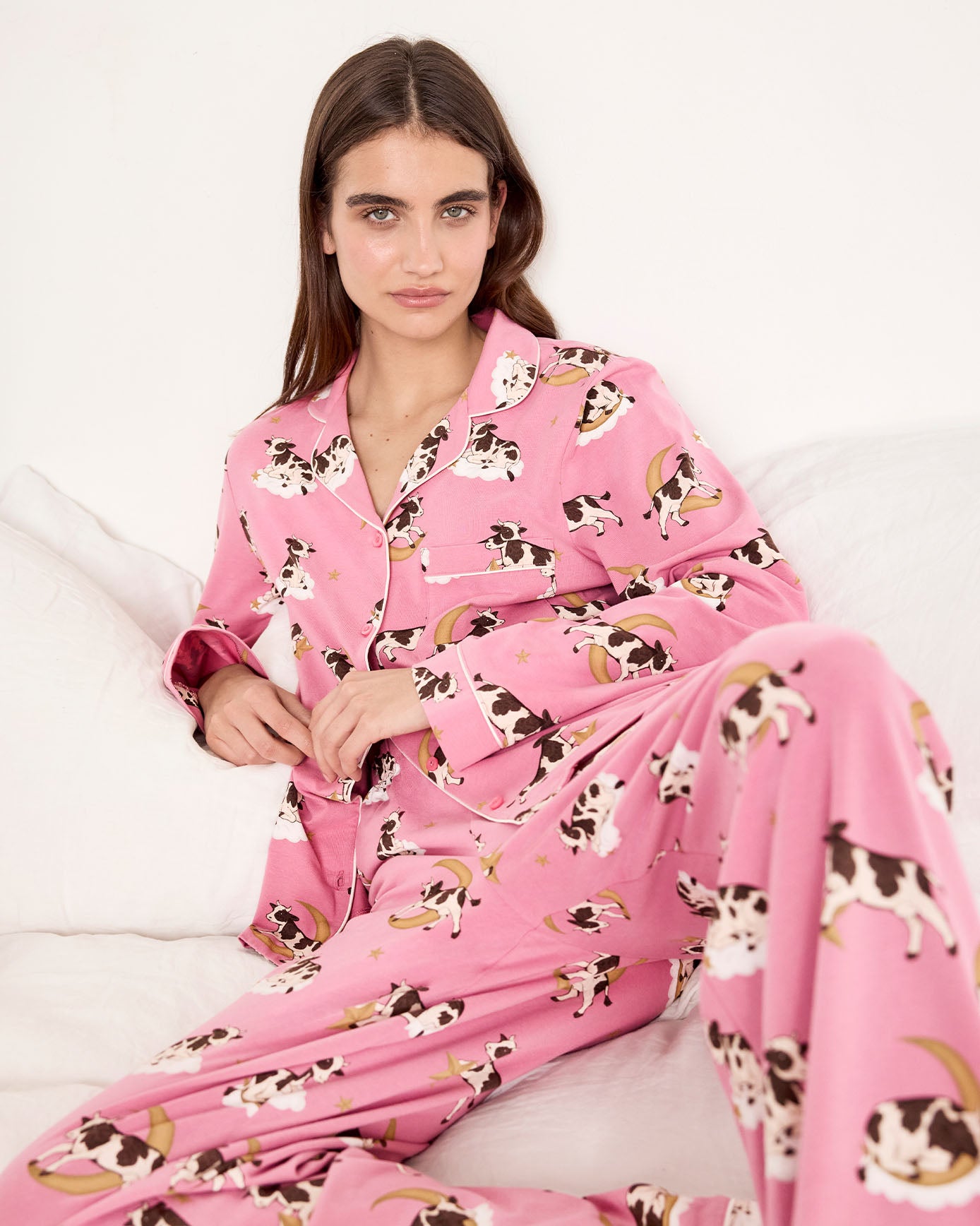 Petite Organic Cotton Cosmic Cow Print Long Pyjama Set