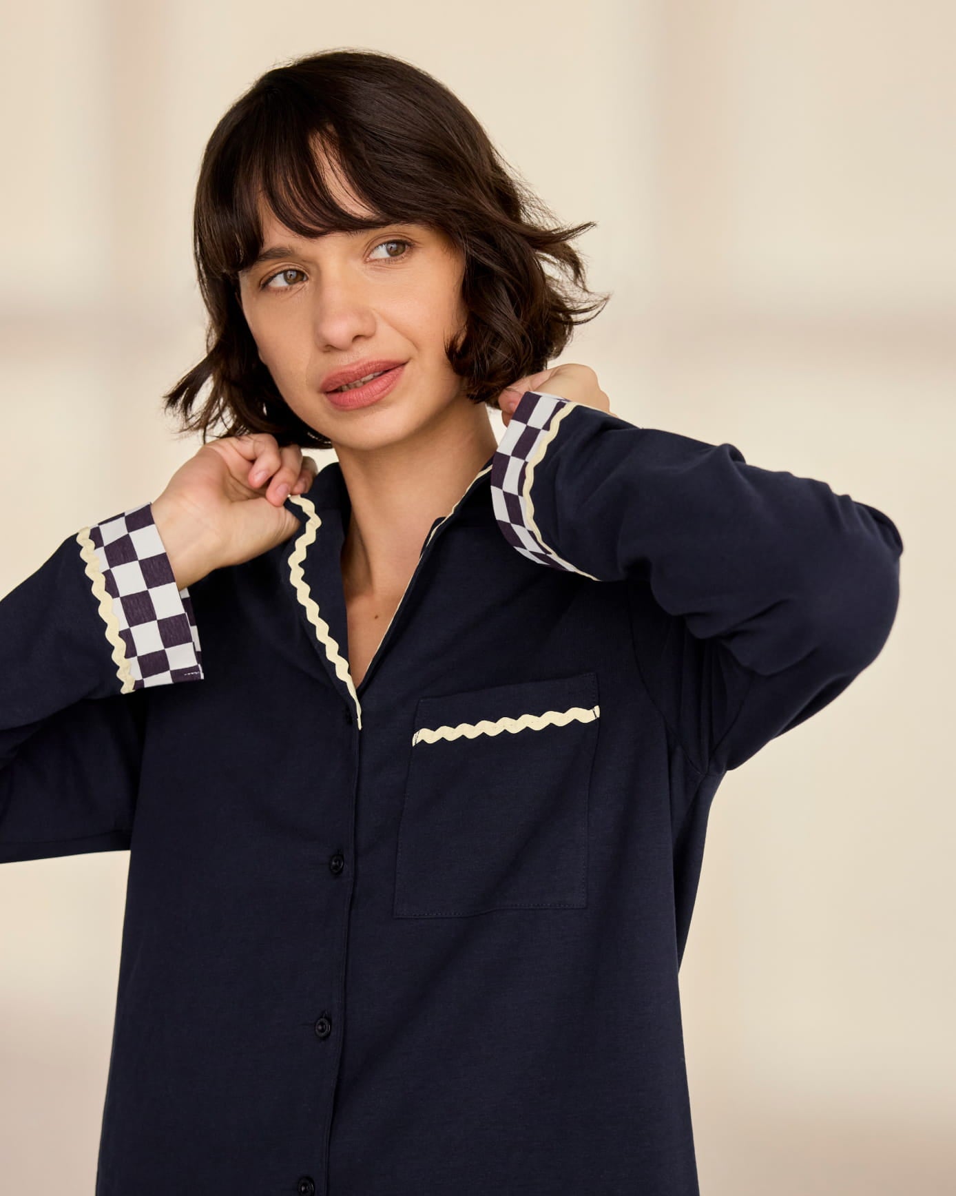 Organic Cotton Checkerboard Embroidered Back Good Night Long Pyjama Set