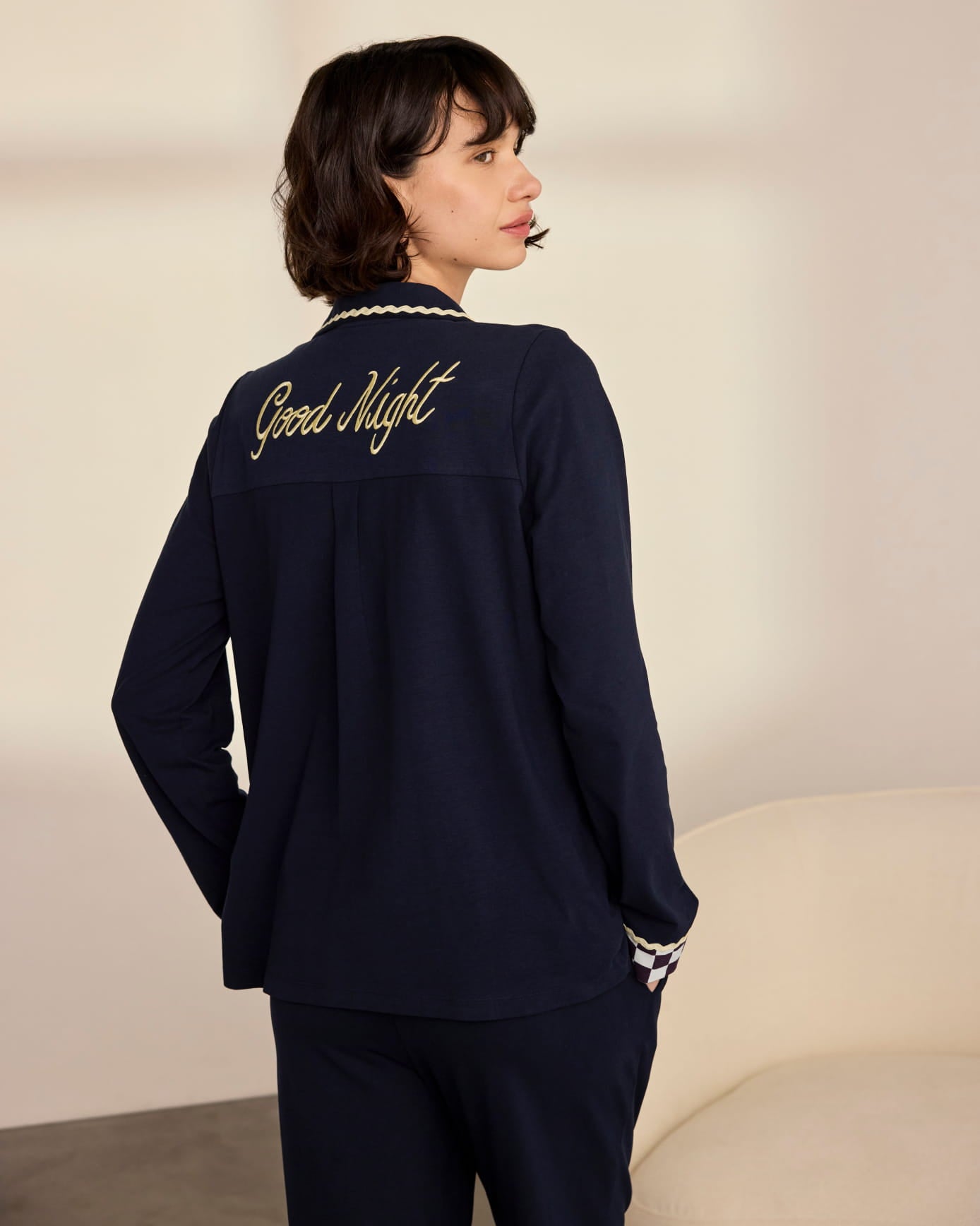 Organic Cotton Checkerboard Embroidered Back Good Night Long Pyjama Set
