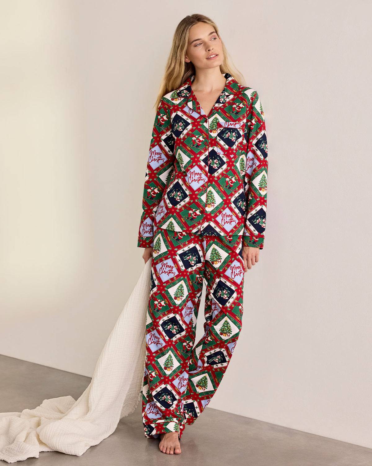 Tall Organic Cotton Christmas Patchwork Print Button Up Long Pyjama Set