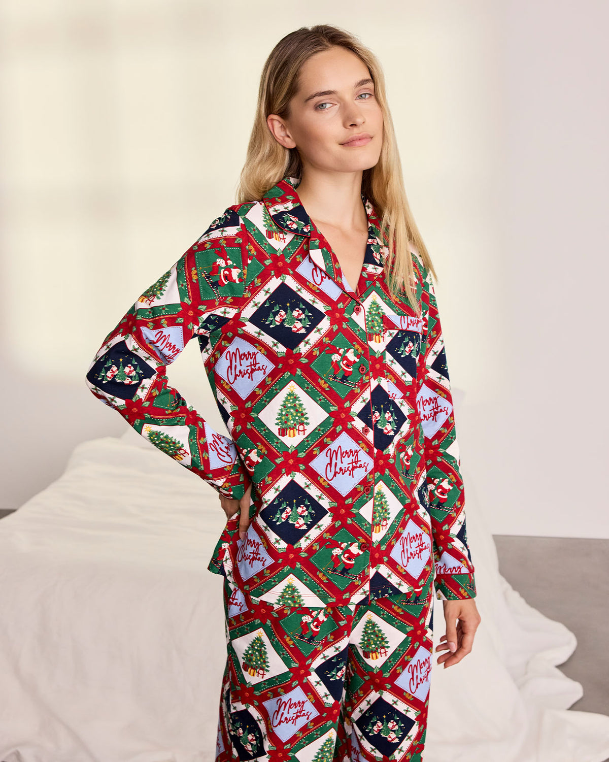 Tall Organic Cotton Christmas Patchwork Print Button Up Long Pyjama Set