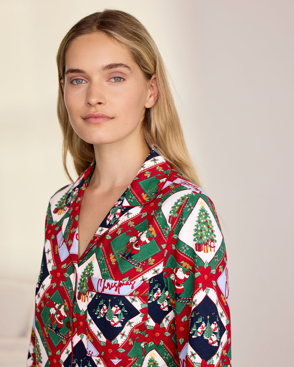 Tall Organic Cotton Christmas Patchwork Print Button Up Long Pyjama Set