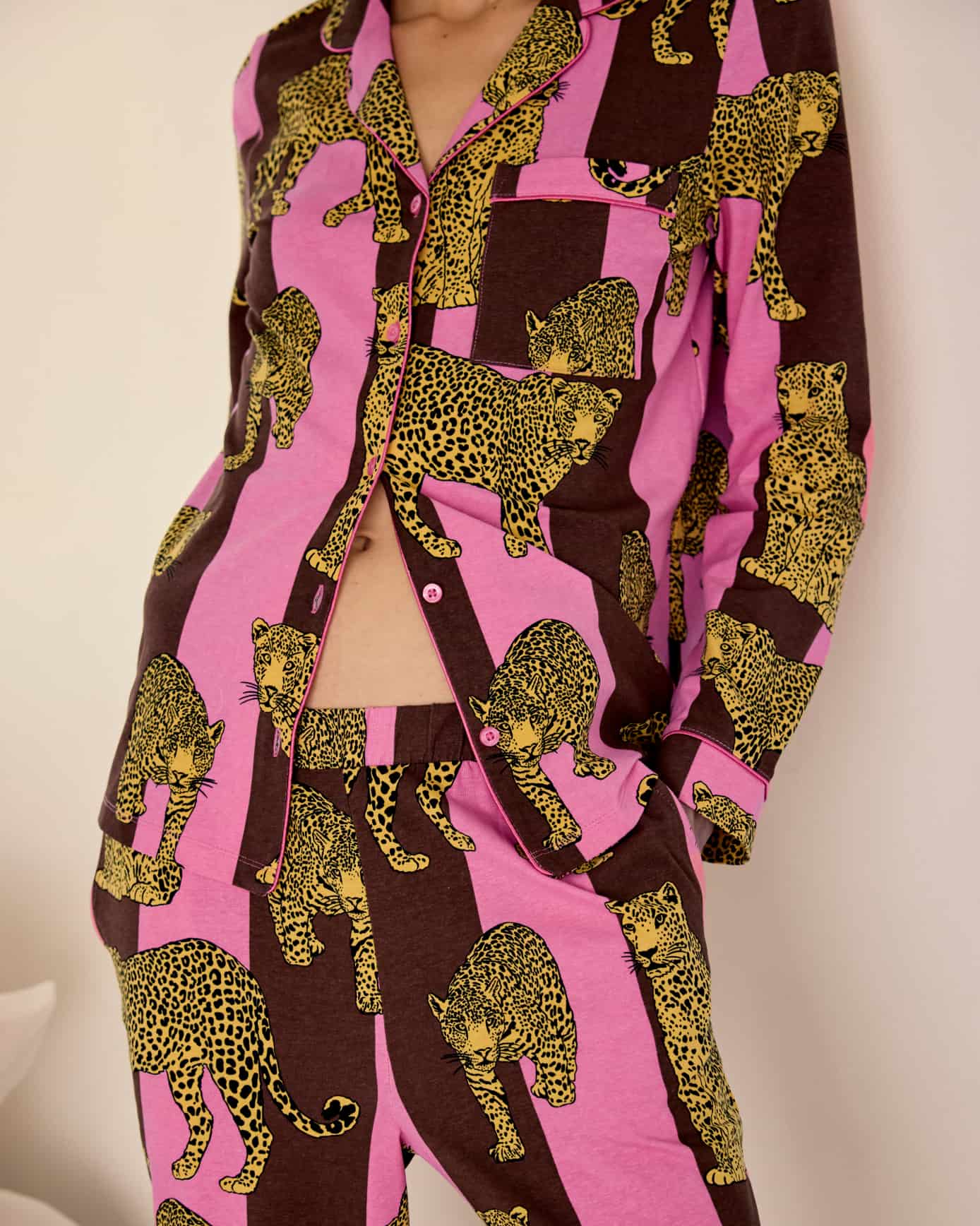 Petite Organic Cotton Leopard Stripe Print Long Pyjama Set