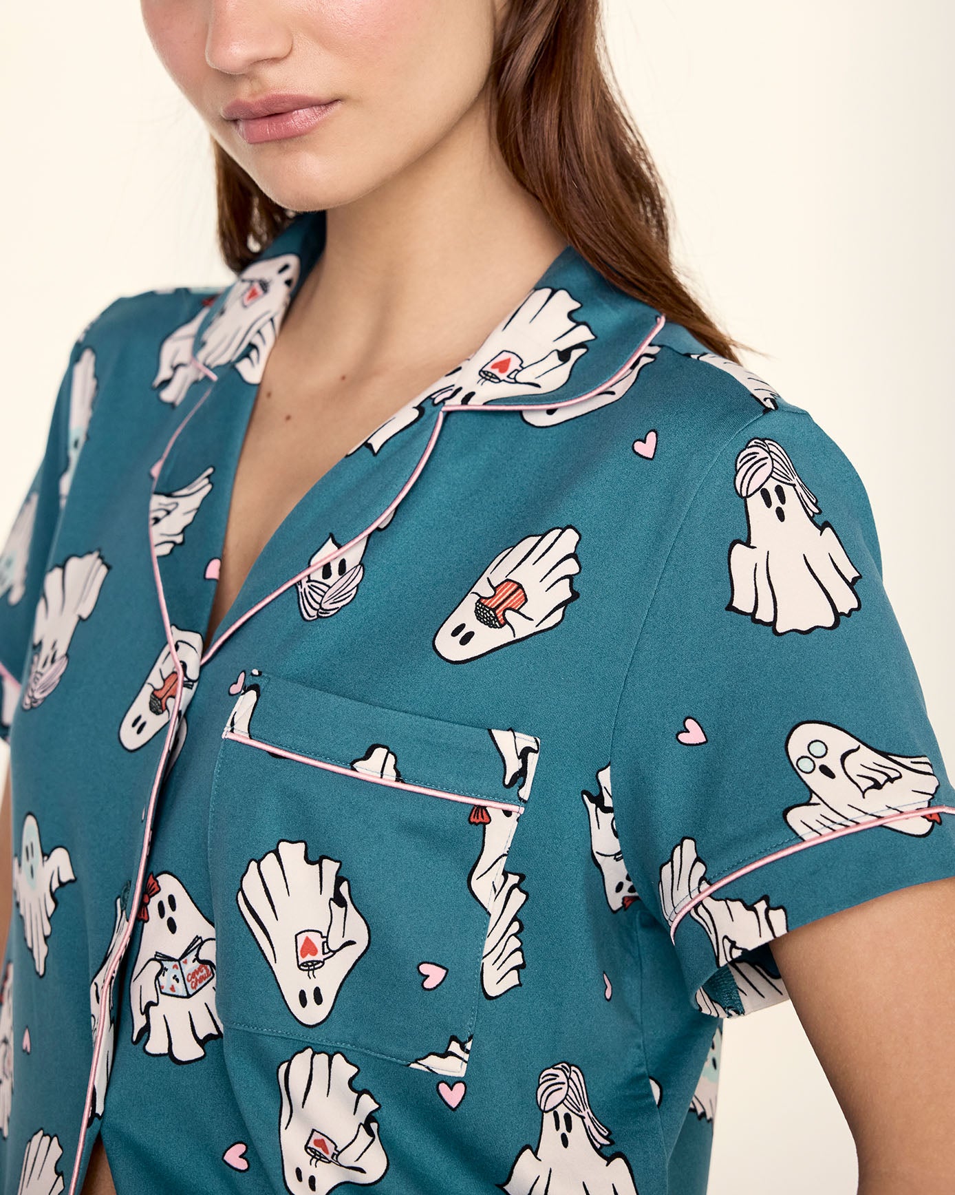 Halloween Ghost Print Short Pyjama Set - Teal