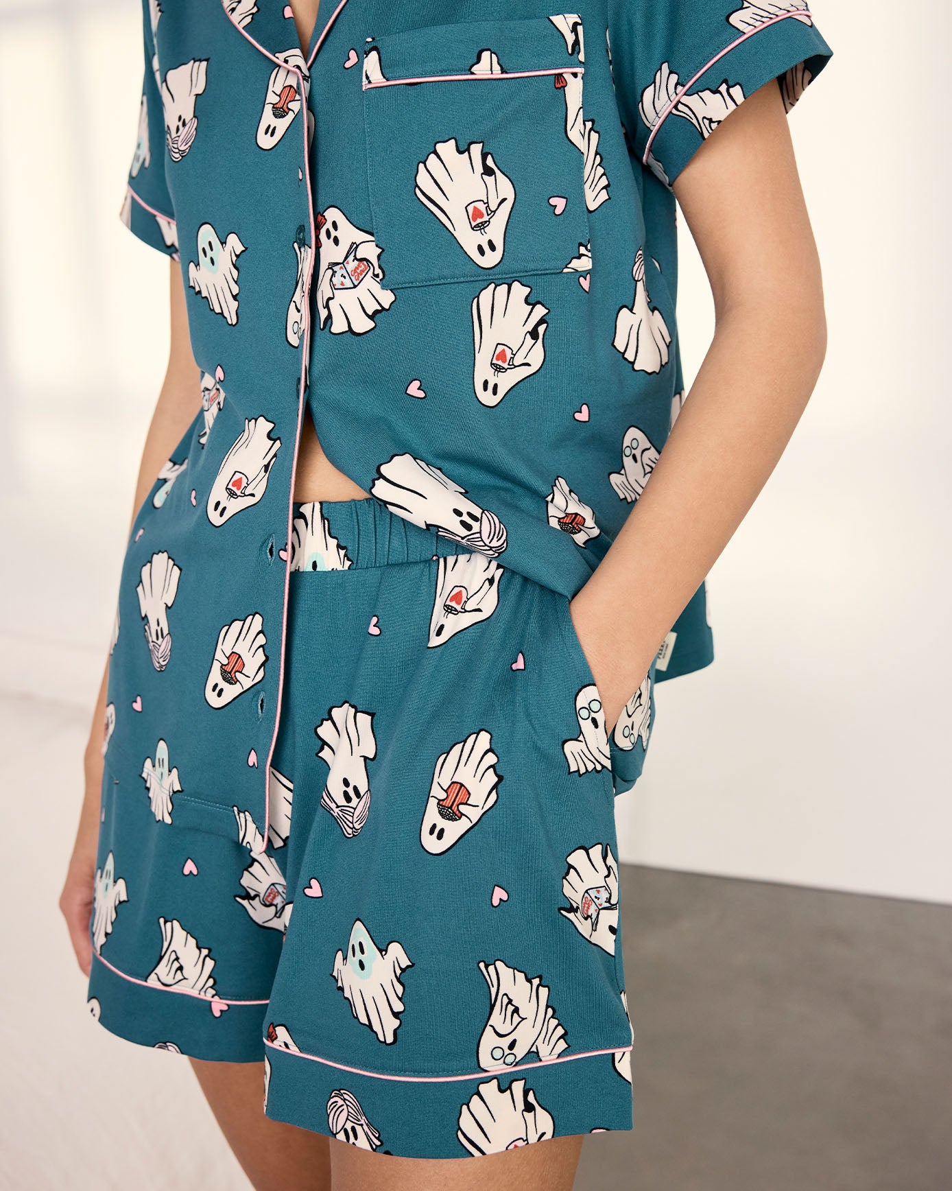 Halloween Ghost Print Short Pyjama Set - Teal
