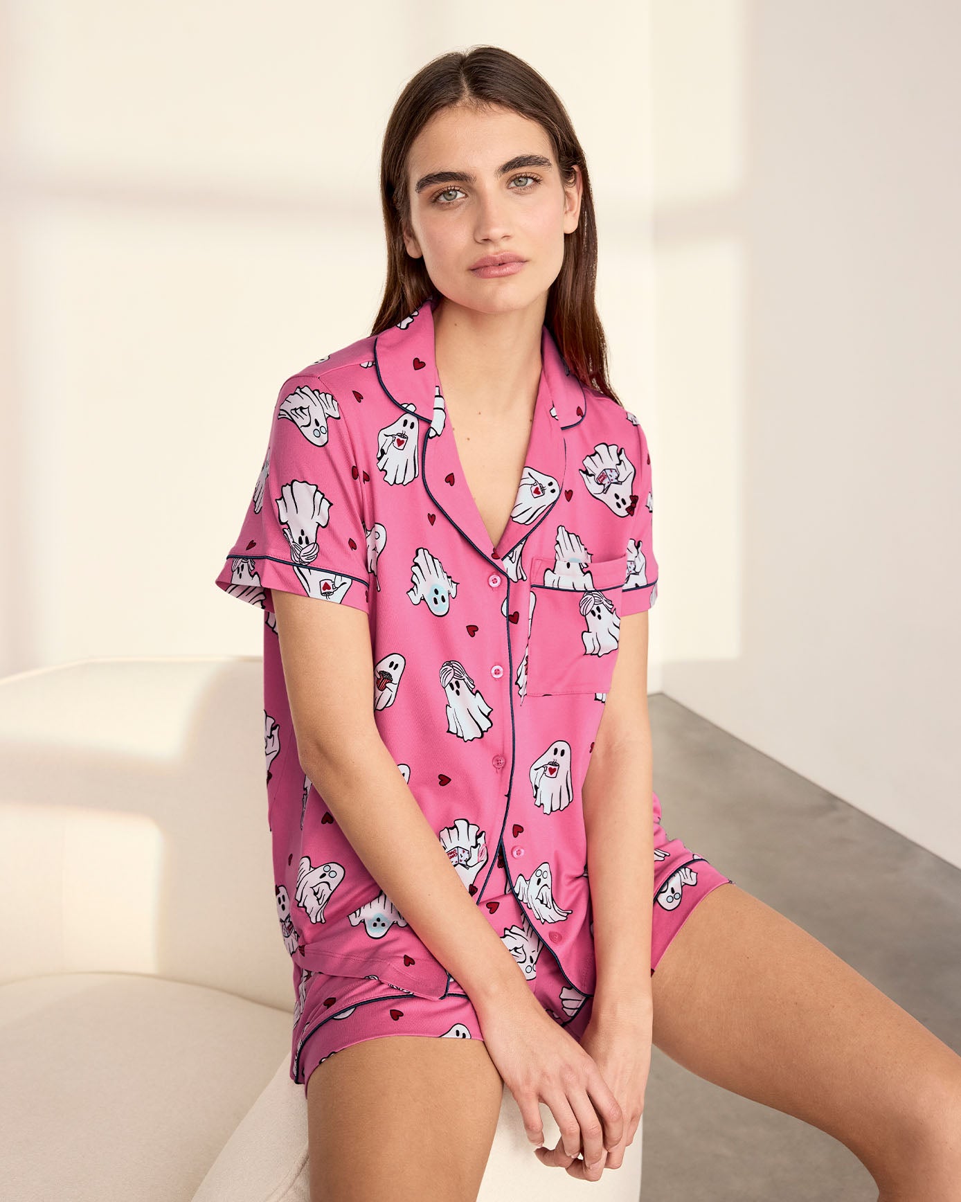 Halloween Ghost Print Short Pyjama Set - Pink