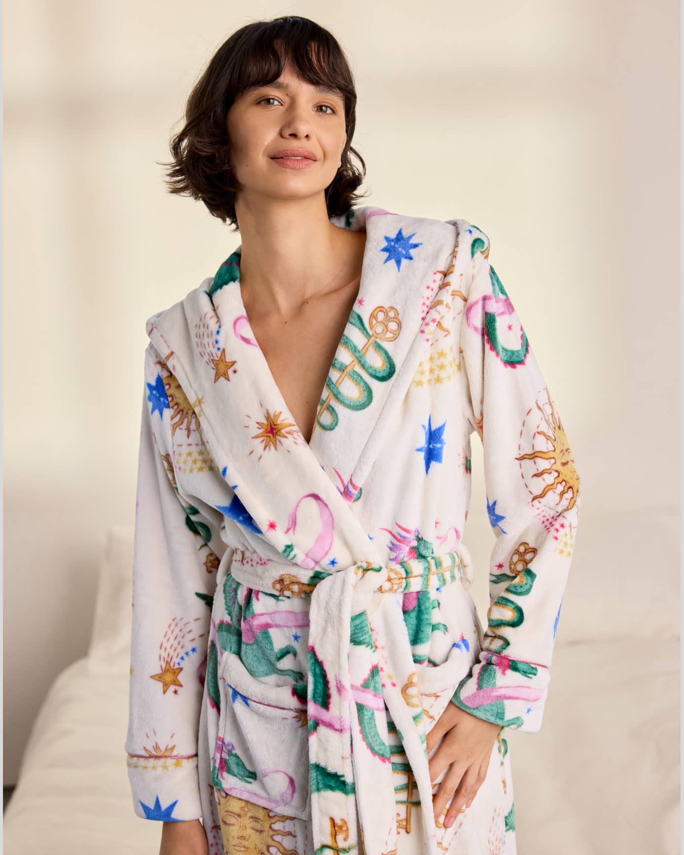 Fleece Mythical Dragon Print Hooded Dressing Gown