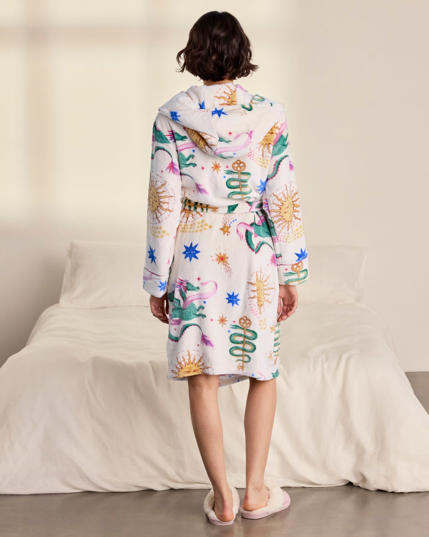 Fleece Mythical Dragon Print Hooded Dressing Gown
