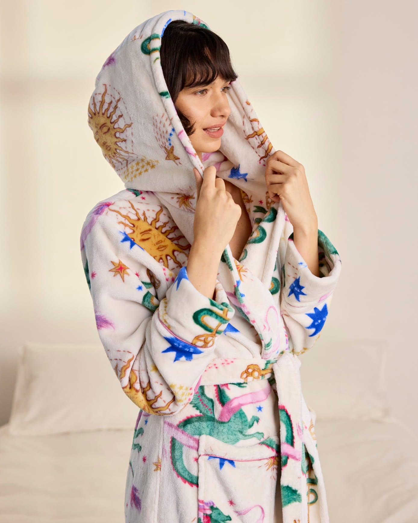Fleece Mythical Dragon Print Hooded Dressing Gown