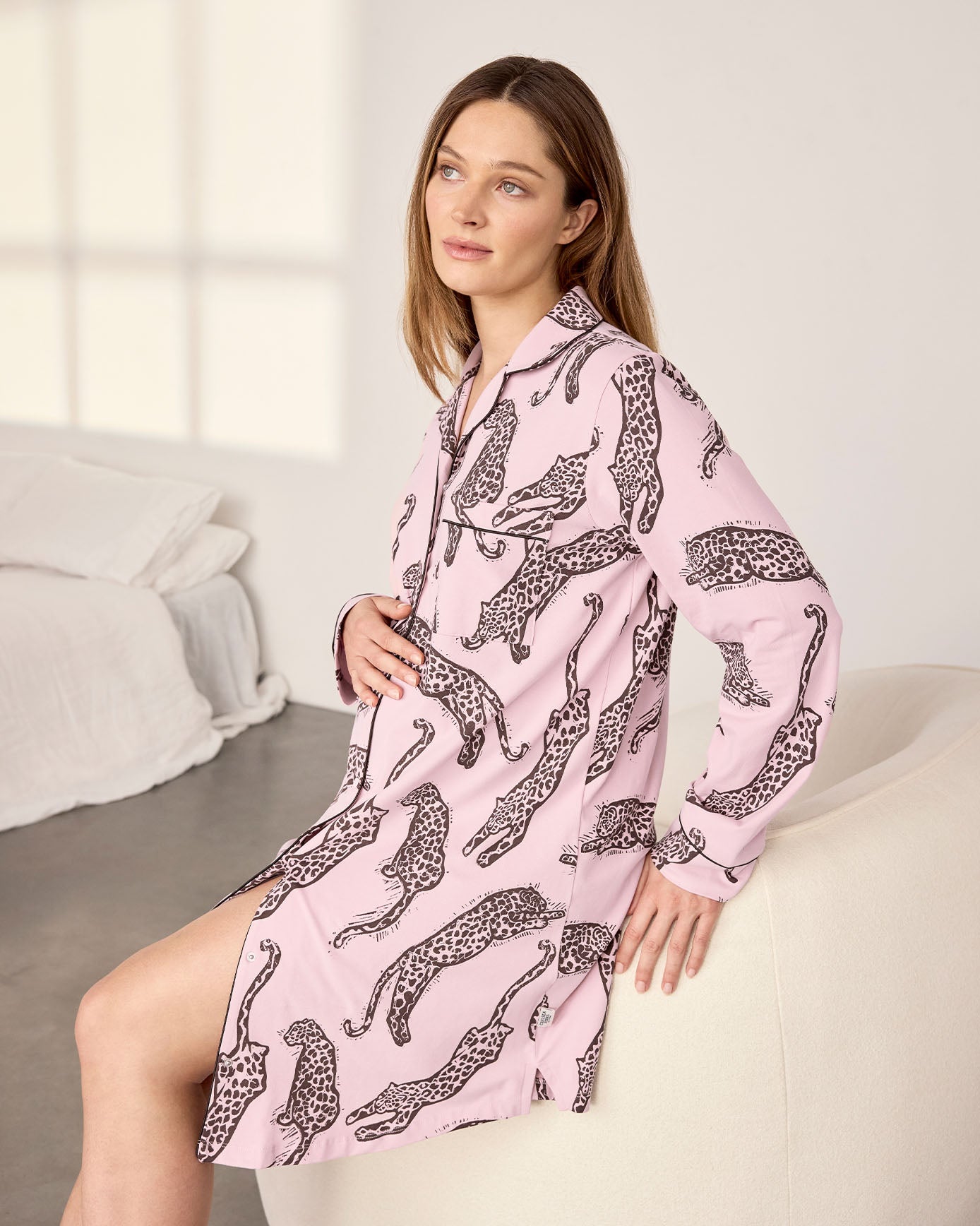Maternity Organic Cotton Lino Cut Leopard Print Nightshirt - Pink