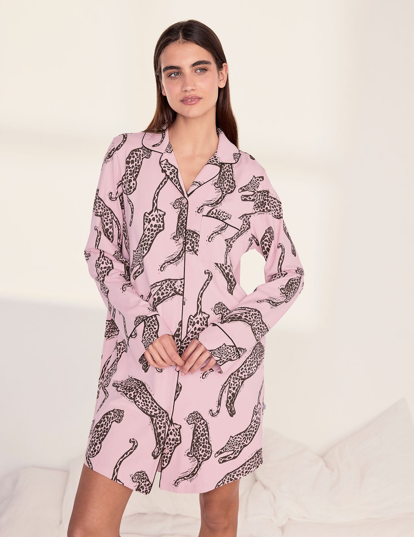 Organic Cotton Lino Cut Leopard Print Nightshirt - Pink