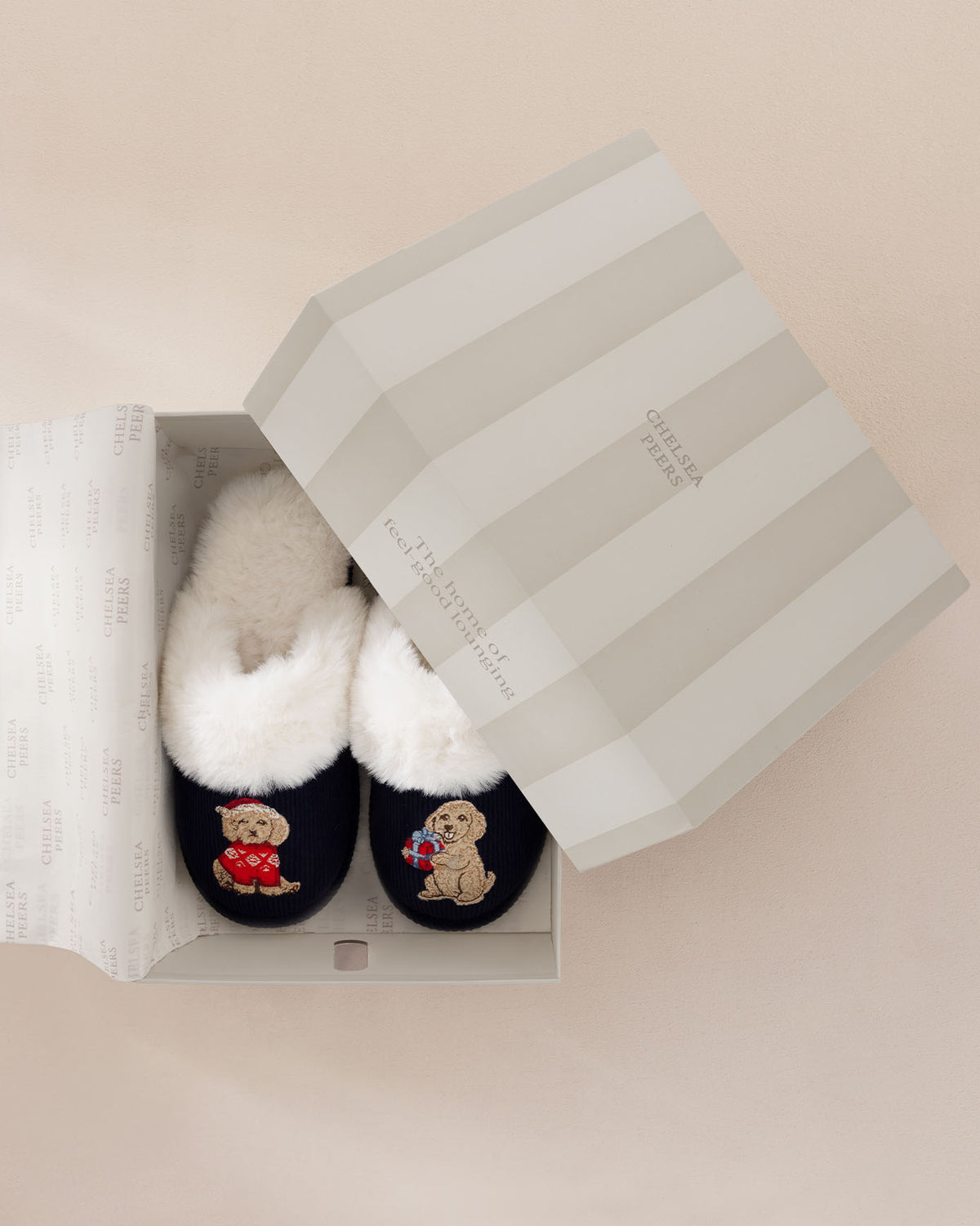Corduroy Embroidered Christmas Chip the Cockapoo Slippers