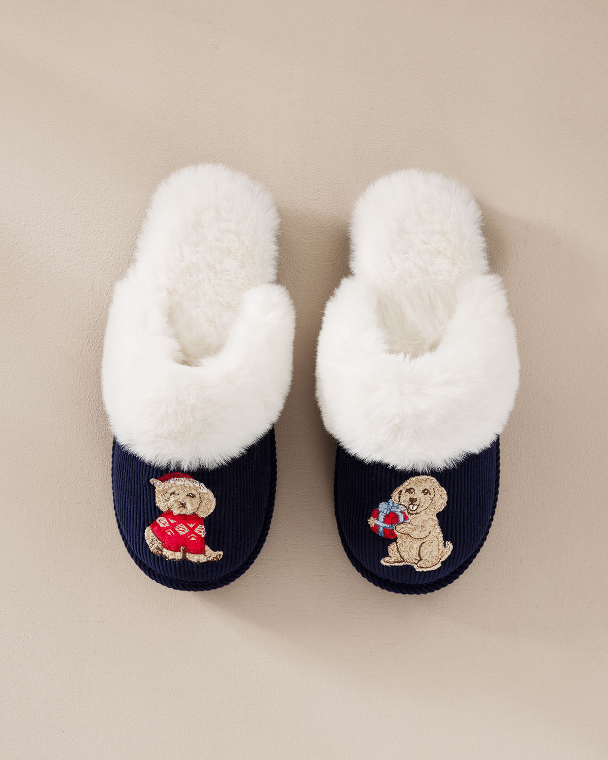 Corduroy Embroidered Christmas Chip the Cockapoo Slippers