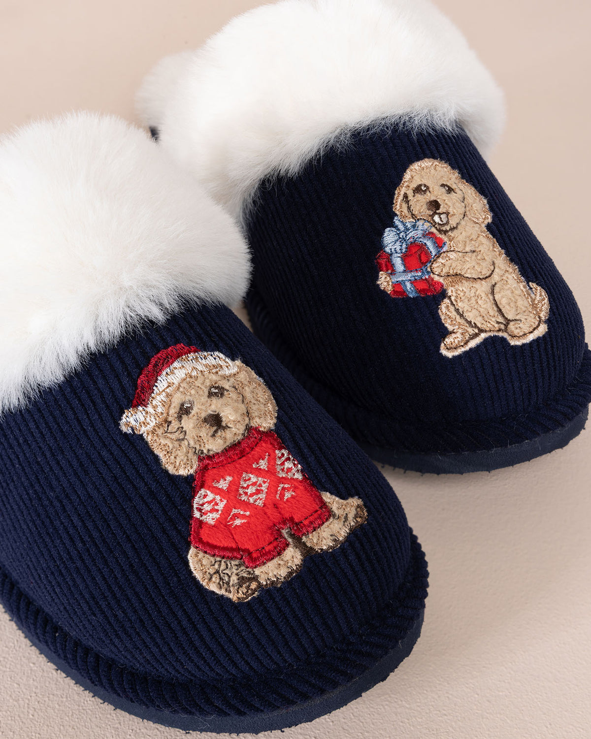 Corduroy Embroidered Christmas Chip the Cockapoo Slippers