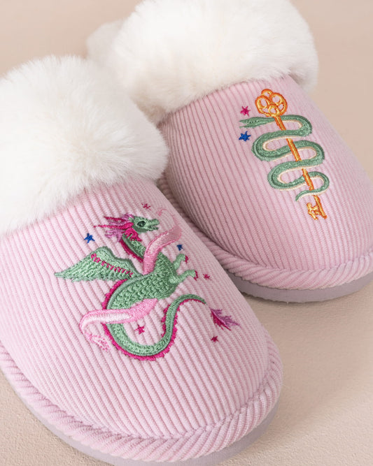 Corduroy Embroidered Mythical Dragon Mule Slippers