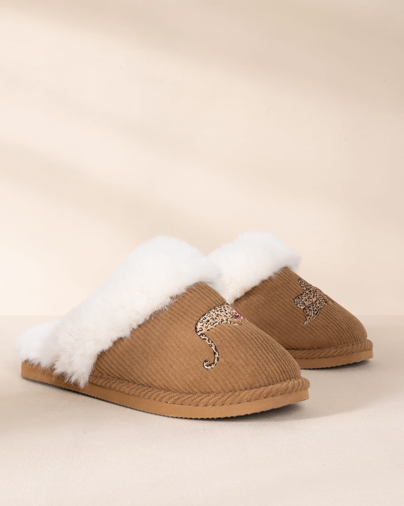 Corduroy Embroidered Leopard After Party Print Mule Slippers