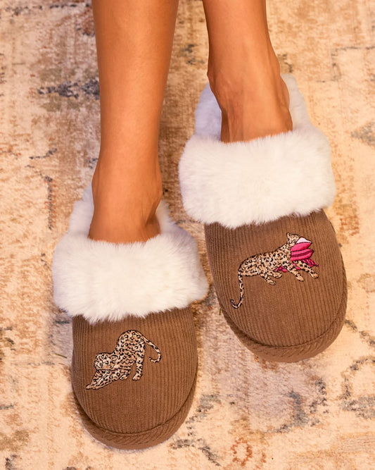 Corduroy Embroidered Leopard After Party Mule Slippers
