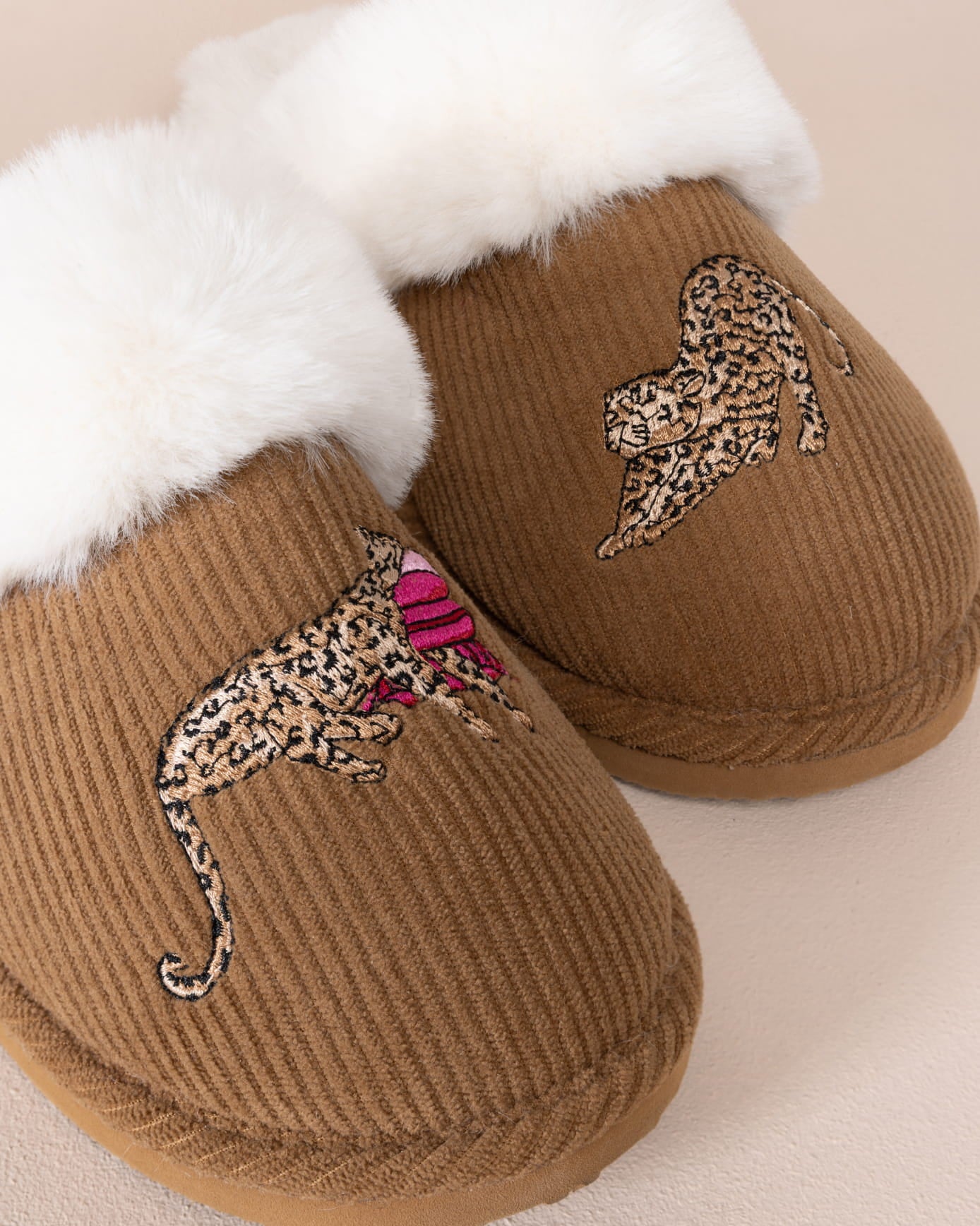 Corduroy Embroidered Leopard After Party Print Mule Slippers