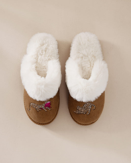 Corduroy Embroidered Leopard After Party Print Mule Slippers