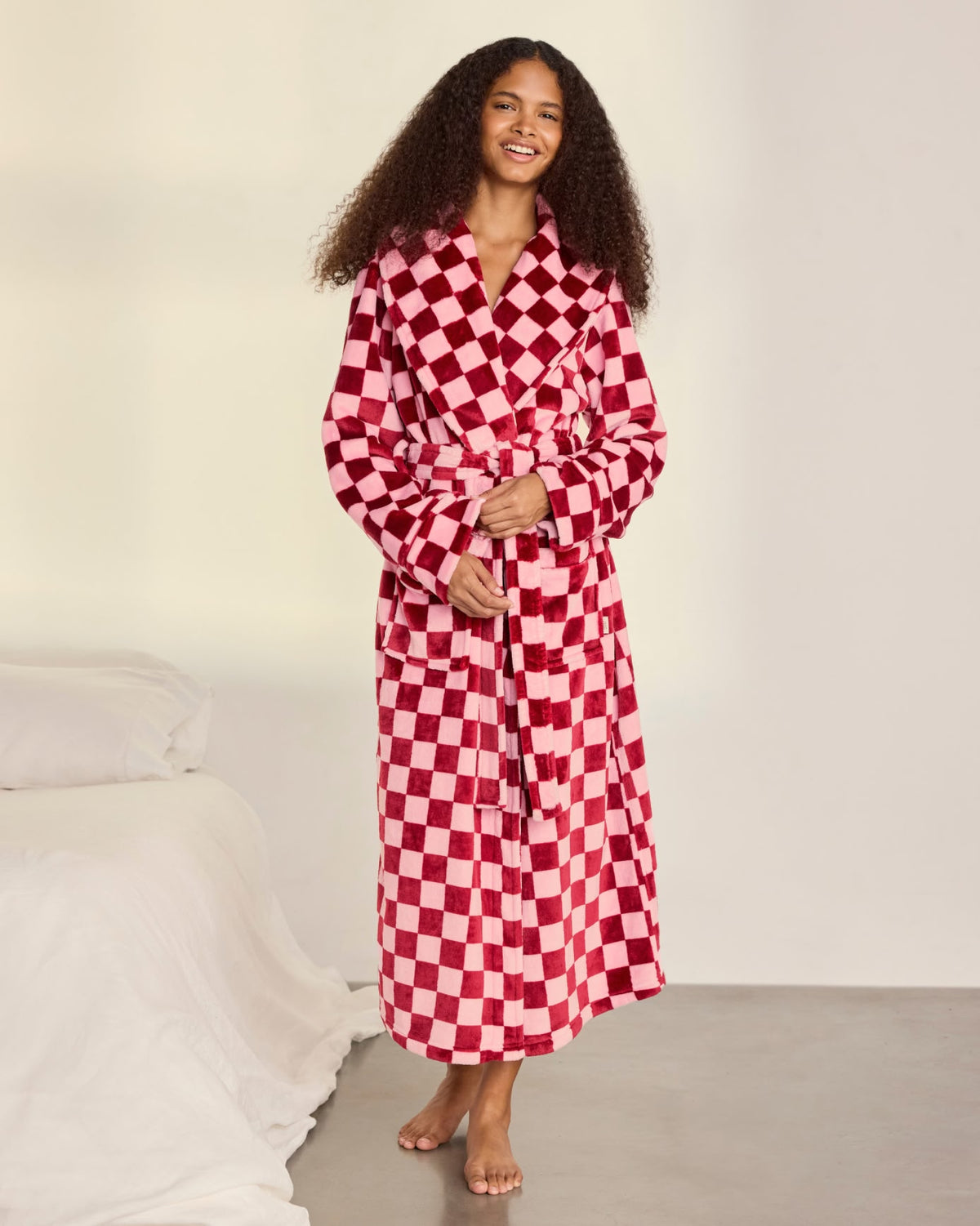 Fleece Checkerboard Dressing Gown - Pink