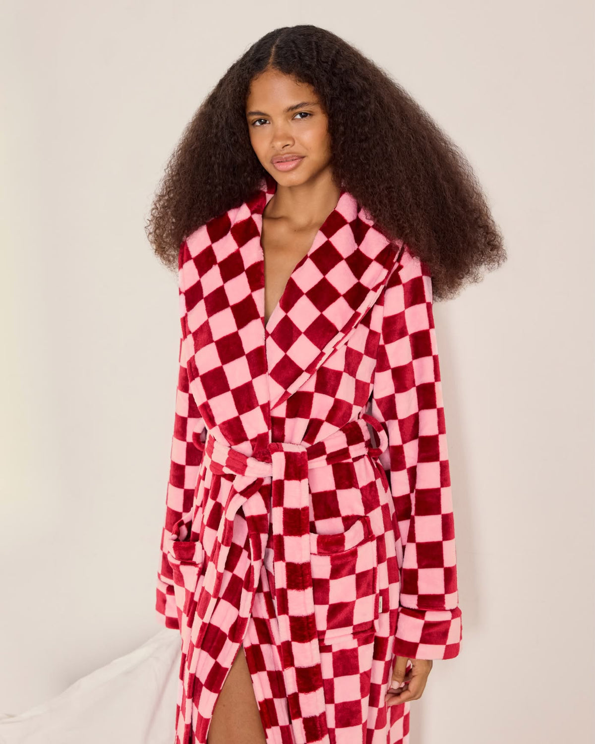 Fleece Checkerboard Dressing Gown - Pink