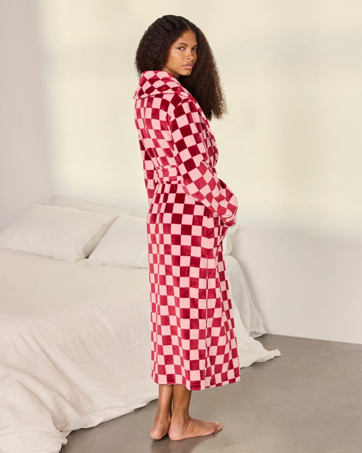 Fleece Checkerboard Dressing Gown - Pink