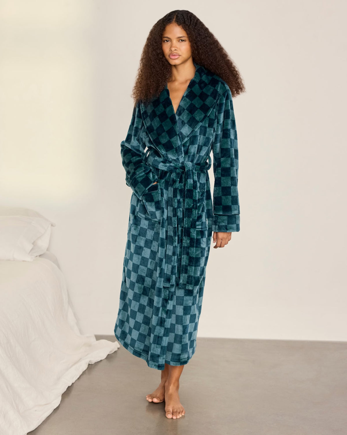 Fleece Checkerboard Dressing Gown - Teal