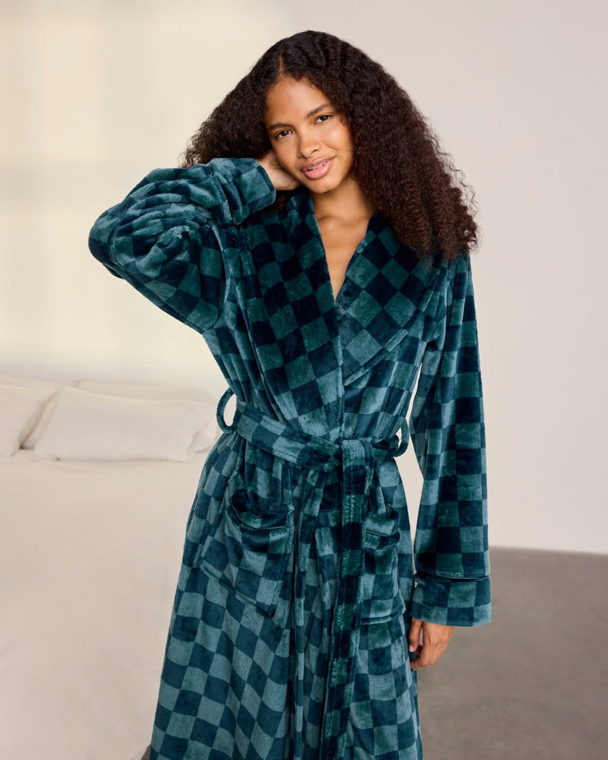 Fleece Checkerboard Dressing Gown - Teal